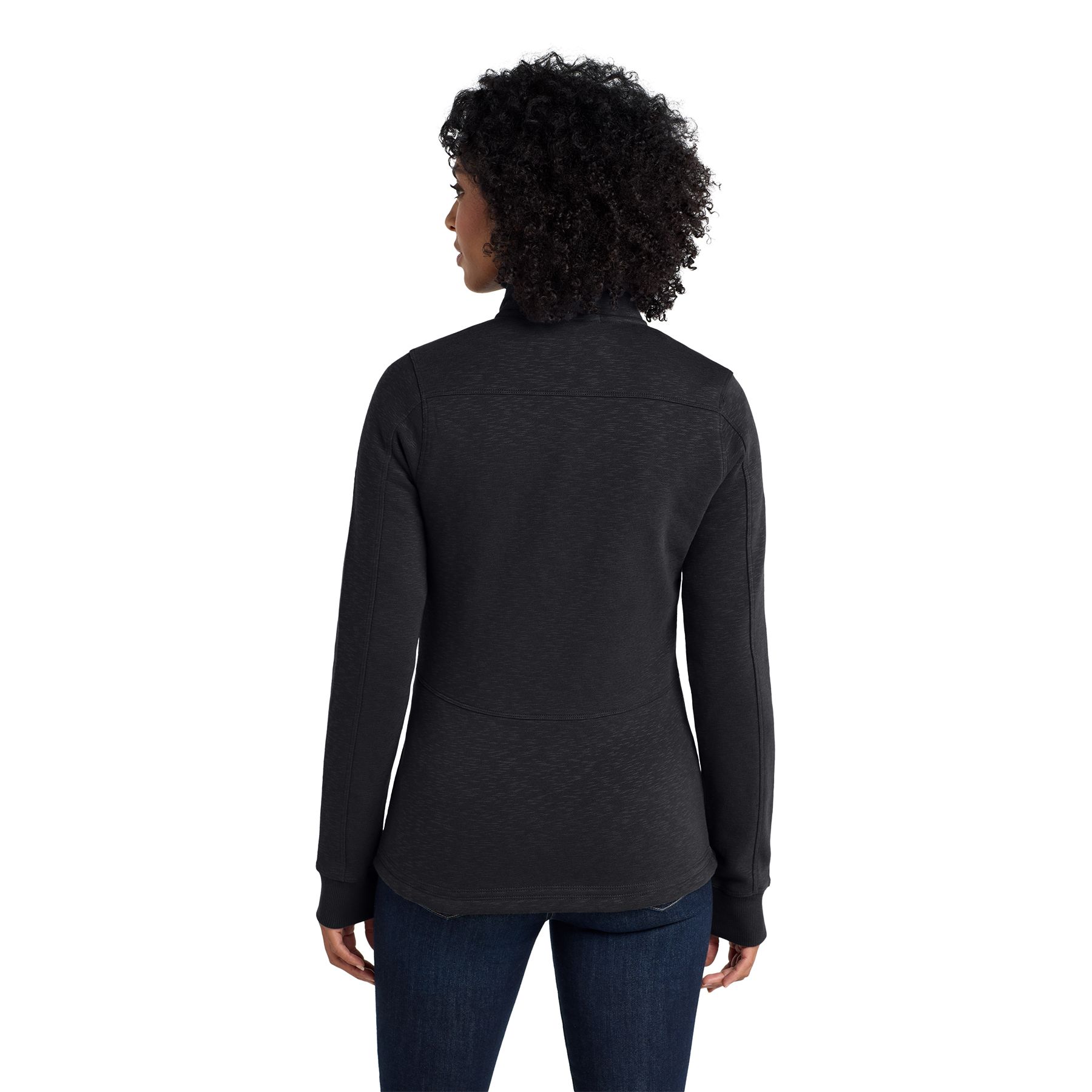 Black women's slub fleece full-zip jacket featuring a cotton-poly blend fabric, brushed interior, rib knit collar and cuffs, front pockets, reverse coil zipper, and flattering waist-shaped fit.
