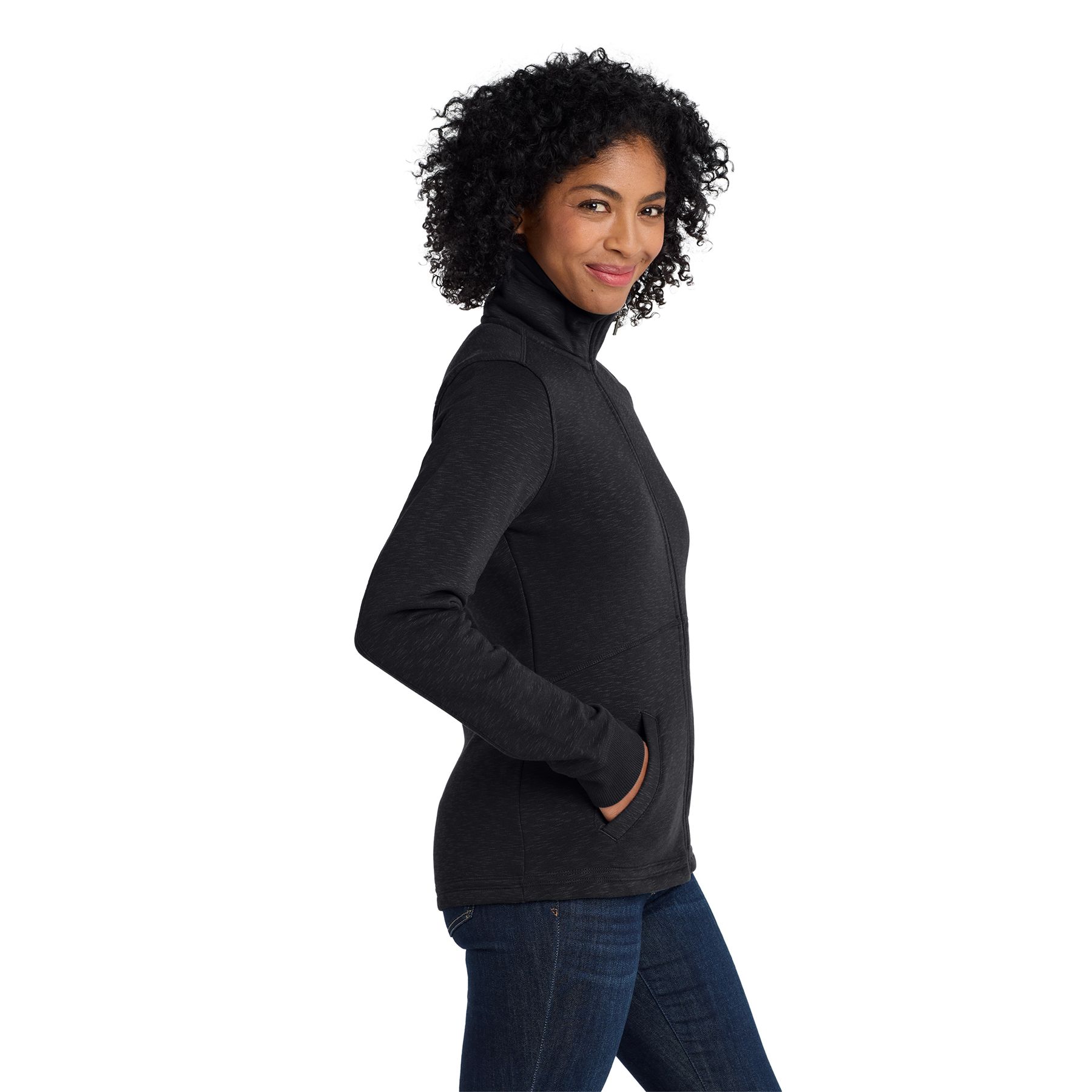 Black women's slub fleece full-zip jacket featuring a cotton-poly blend fabric, brushed interior, rib knit collar and cuffs, front pockets, reverse coil zipper, and flattering waist-shaped fit.