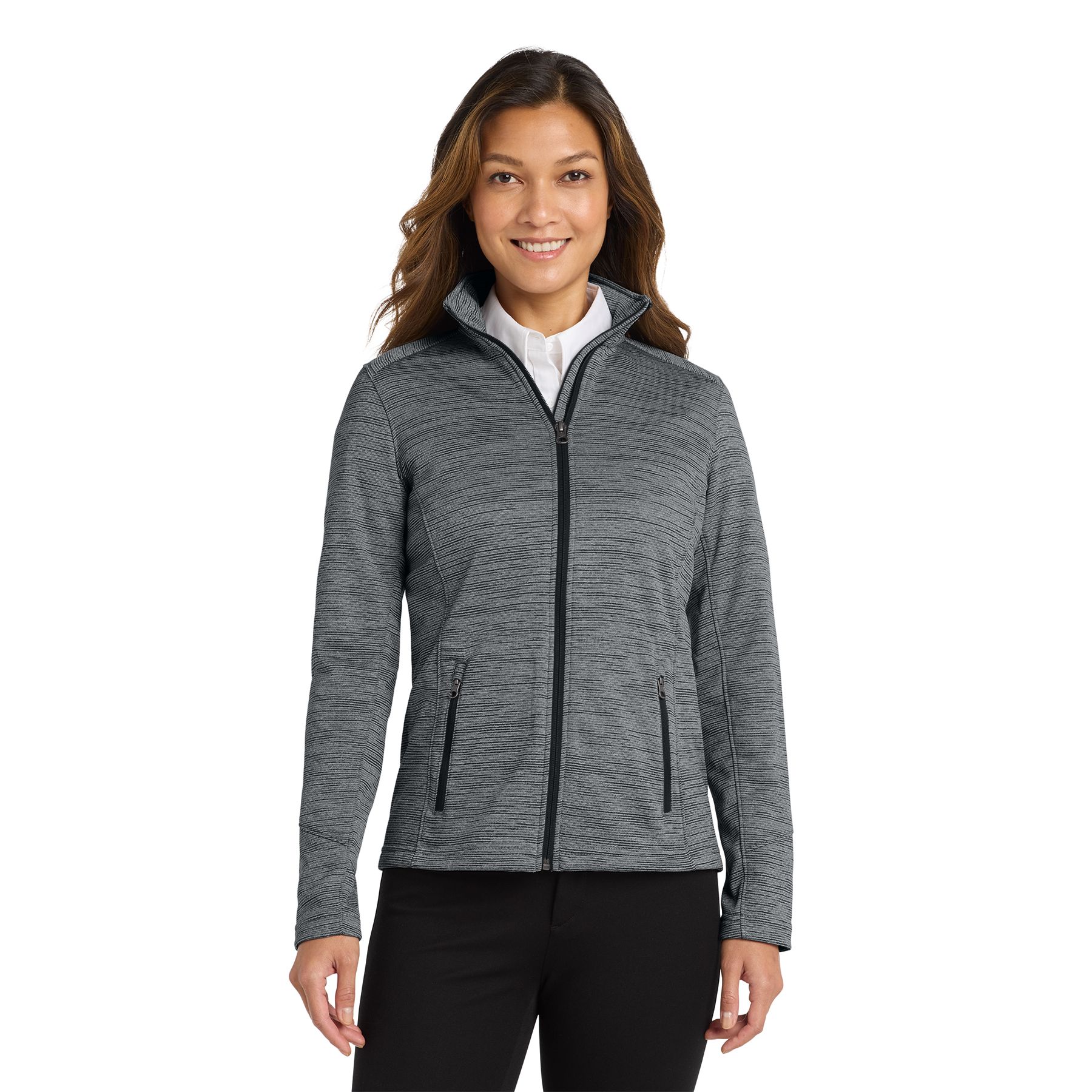 Black women's digital stripe fleece jacket made from 100% polyester fleece featuring a low-pill finish, reverse coil zipper, front zippered pockets, open cuffs, and open hem for lightweight warmth and everyday comfort.