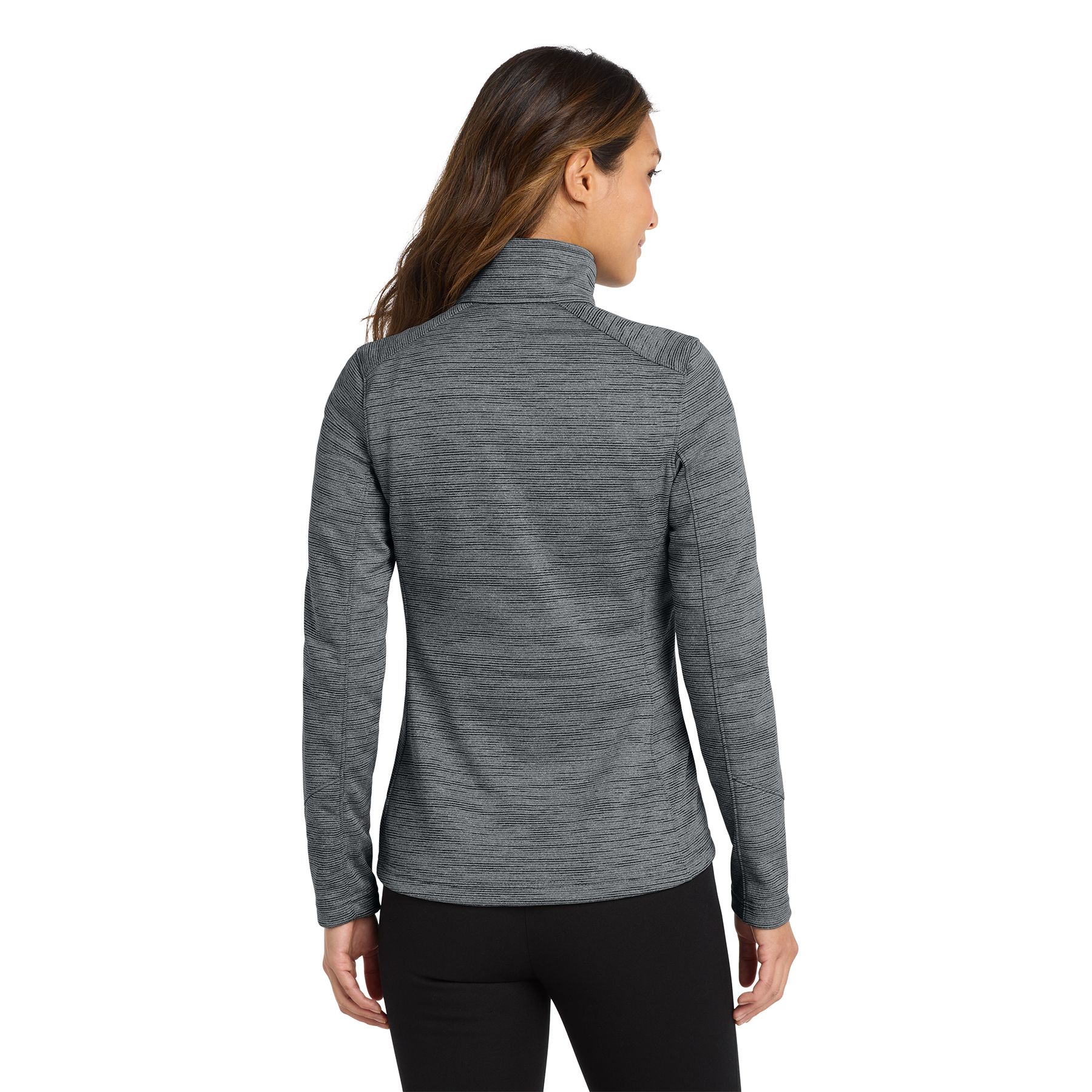 Black women's digital stripe fleece jacket made from 100% polyester fleece featuring a low-pill finish, reverse coil zipper, front zippered pockets, open cuffs, and open hem for lightweight warmth and everyday comfort.