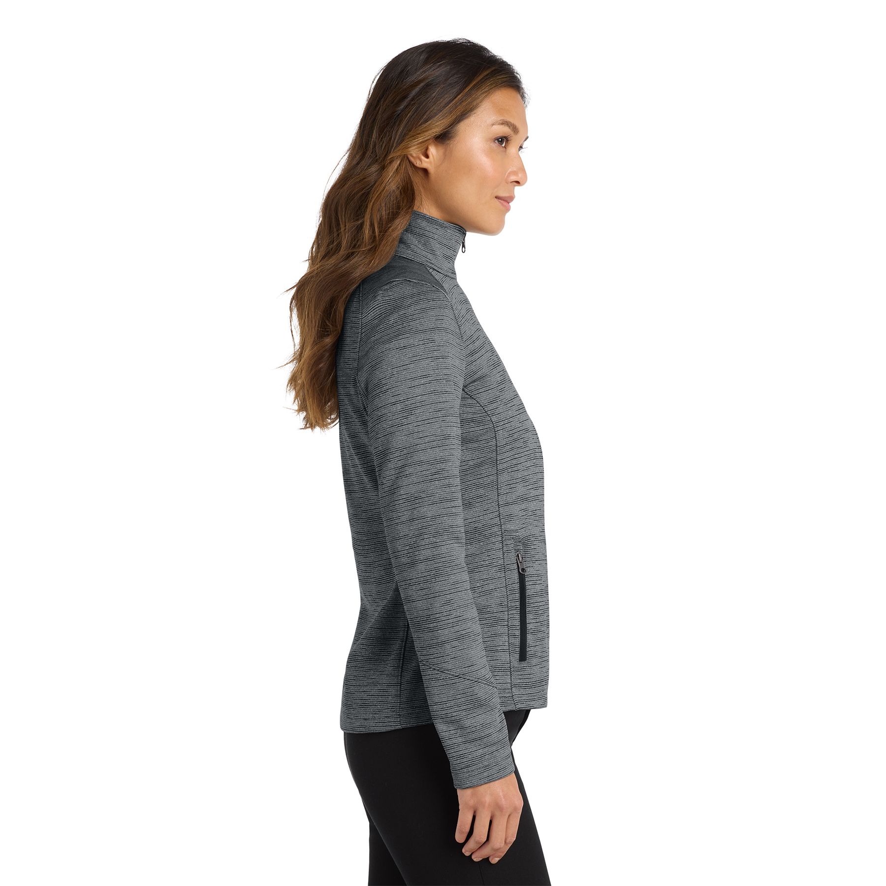 Black women's digital stripe fleece jacket made from 100% polyester fleece featuring a low-pill finish, reverse coil zipper, front zippered pockets, open cuffs, and open hem for lightweight warmth and everyday comfort.