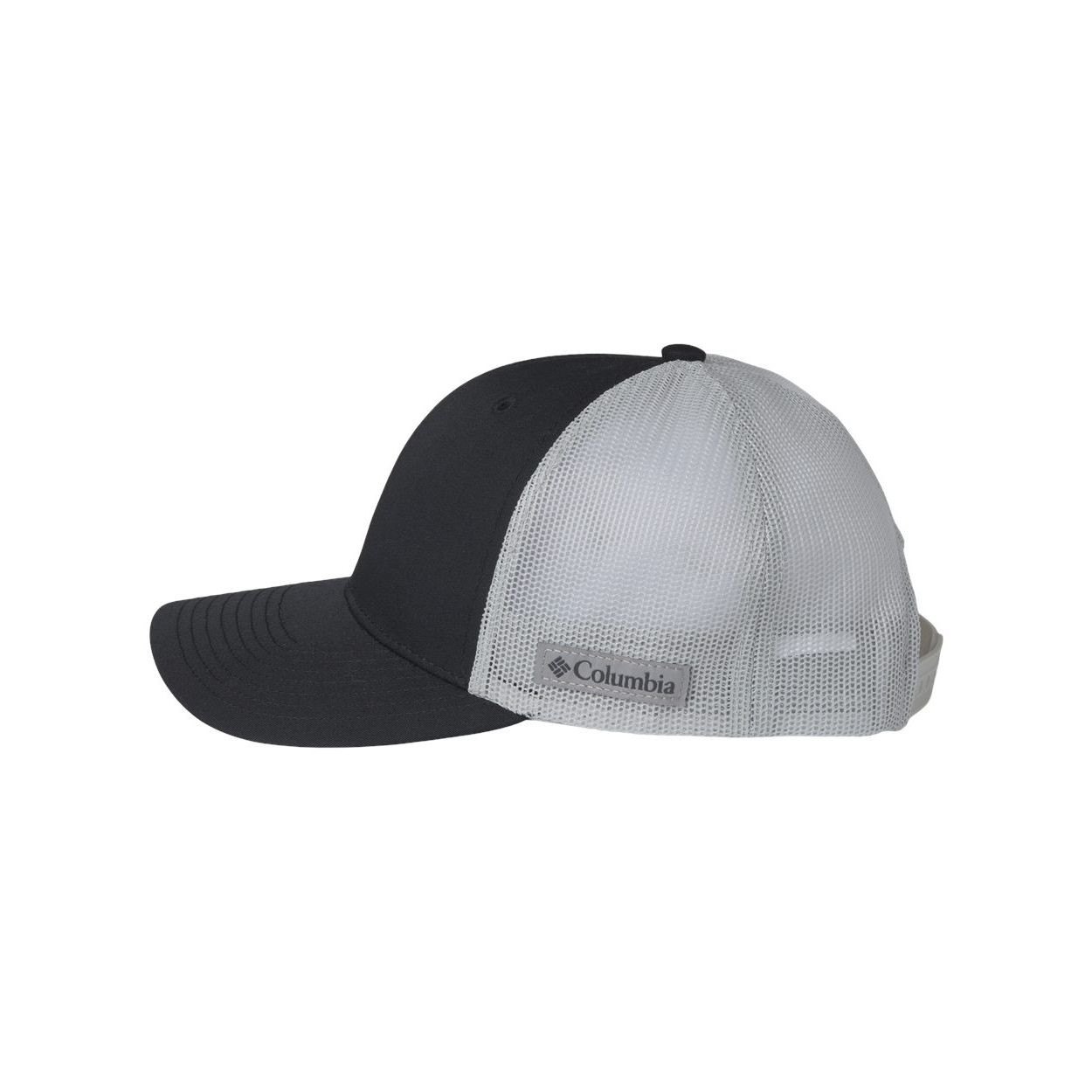 Black/Cool Gray Columbia Spring Grove™ III Snapback Cap, featuring a structured six-panel design, flat brim, embroidered Columbia logo patch, contrasting grey rope detail across the front, and an adjustable snapback closure for casual everyday wear and outdoor activities.