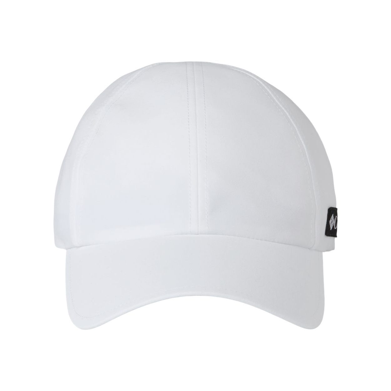 White Columbia Crest Valley Ball Cap, featuring a classic six-panel construction, curved visor, embroidered Columbia logo on the front, embroidered eyelets, and an adjustable back closure for casual everyday wear and outdoor activities.