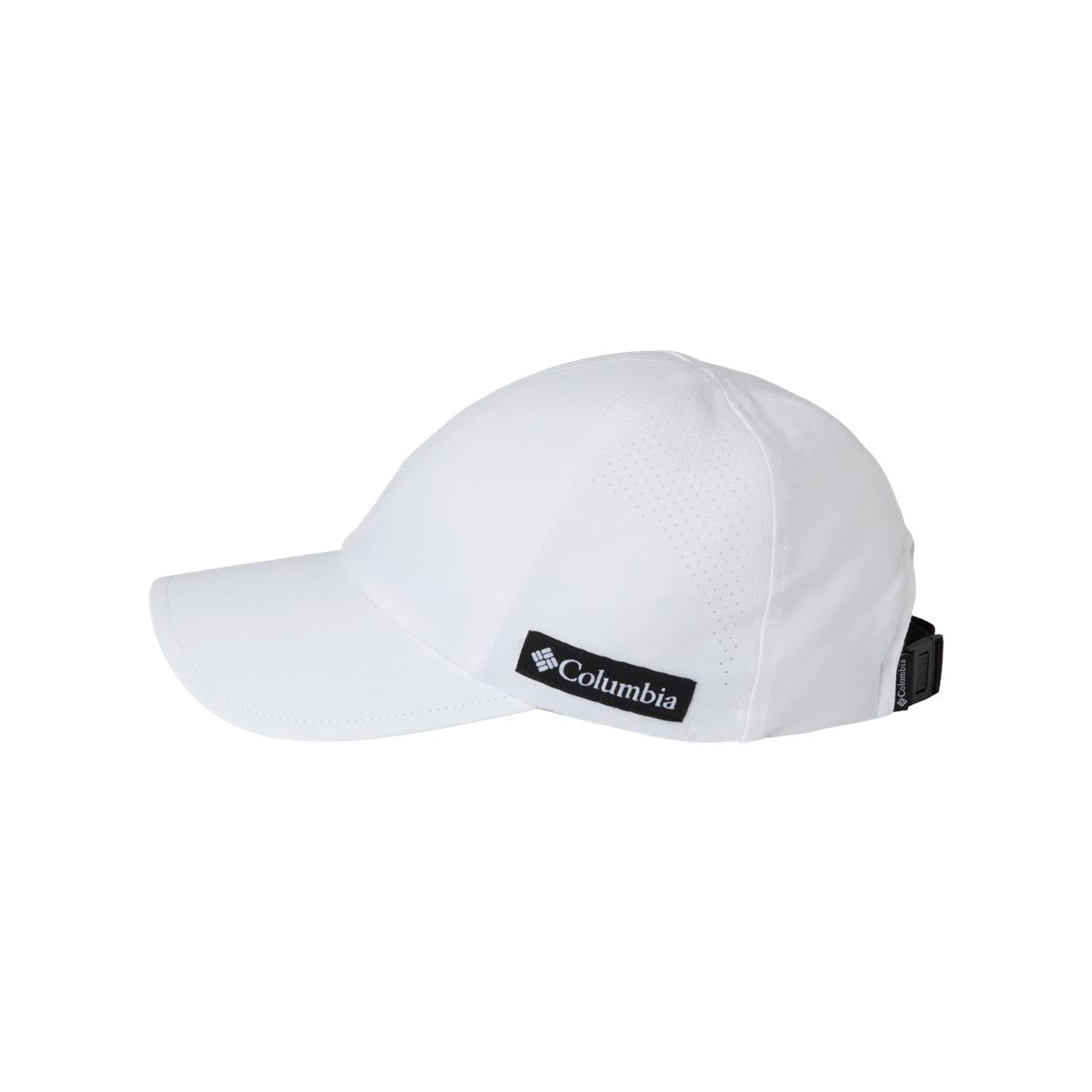 White Columbia Crest Valley Ball Cap, featuring a classic six-panel construction, curved visor, embroidered Columbia logo on the front, embroidered eyelets, and an adjustable back closure for casual everyday wear and outdoor activities.