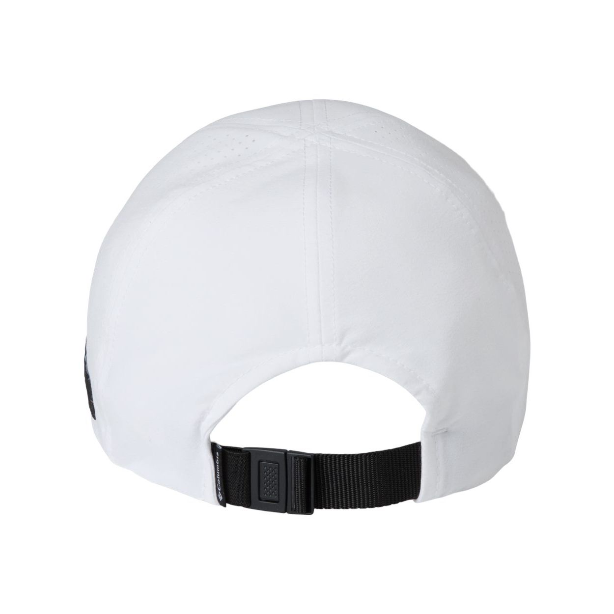 White Columbia Crest Valley Ball Cap, featuring a classic six-panel construction, curved visor, embroidered Columbia logo on the front, embroidered eyelets, and an adjustable back closure for casual everyday wear and outdoor activities.