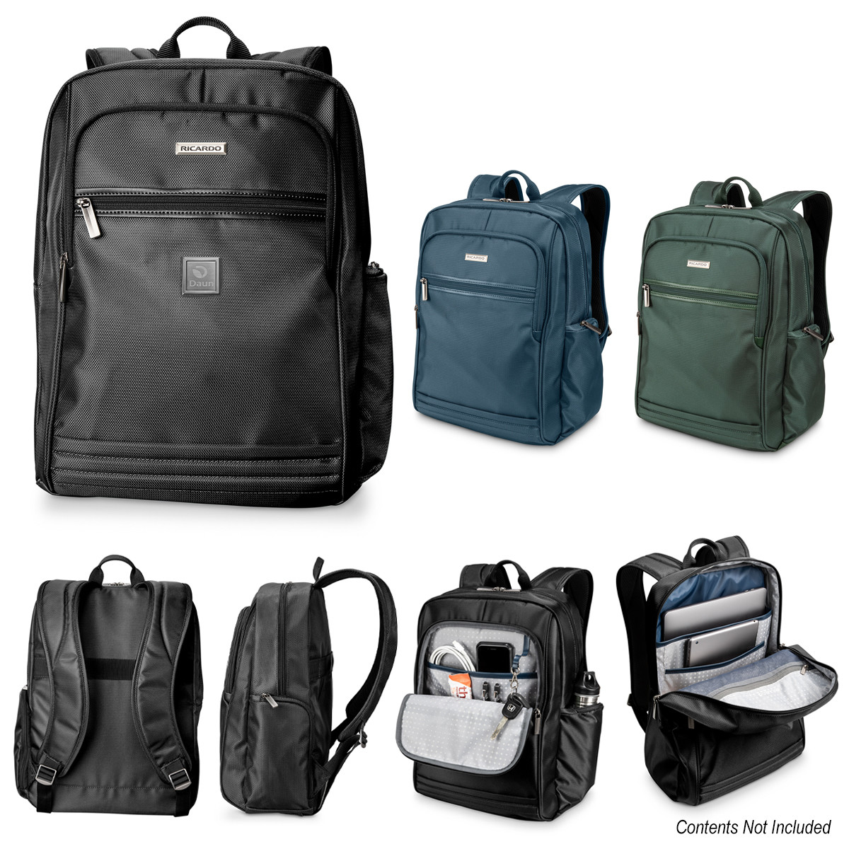 Ricardo® Avalon Laptop Backpack, featuring a large zippered main compartment, padded laptop sleeve, front organizational pocket, side accessory pockets, top carry handle, and adjustable shoulder straps for commuting, travel, and everyday business use.