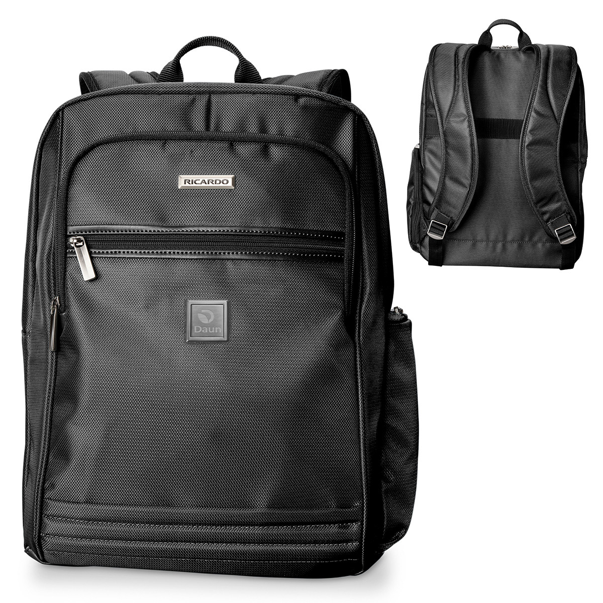 Black Ricardo® Avalon Laptop Backpack, featuring a large zippered main compartment, padded laptop sleeve, front organizational pocket, side accessory pockets, top carry handle, and adjustable shoulder straps for commuting, travel, and everyday business use.