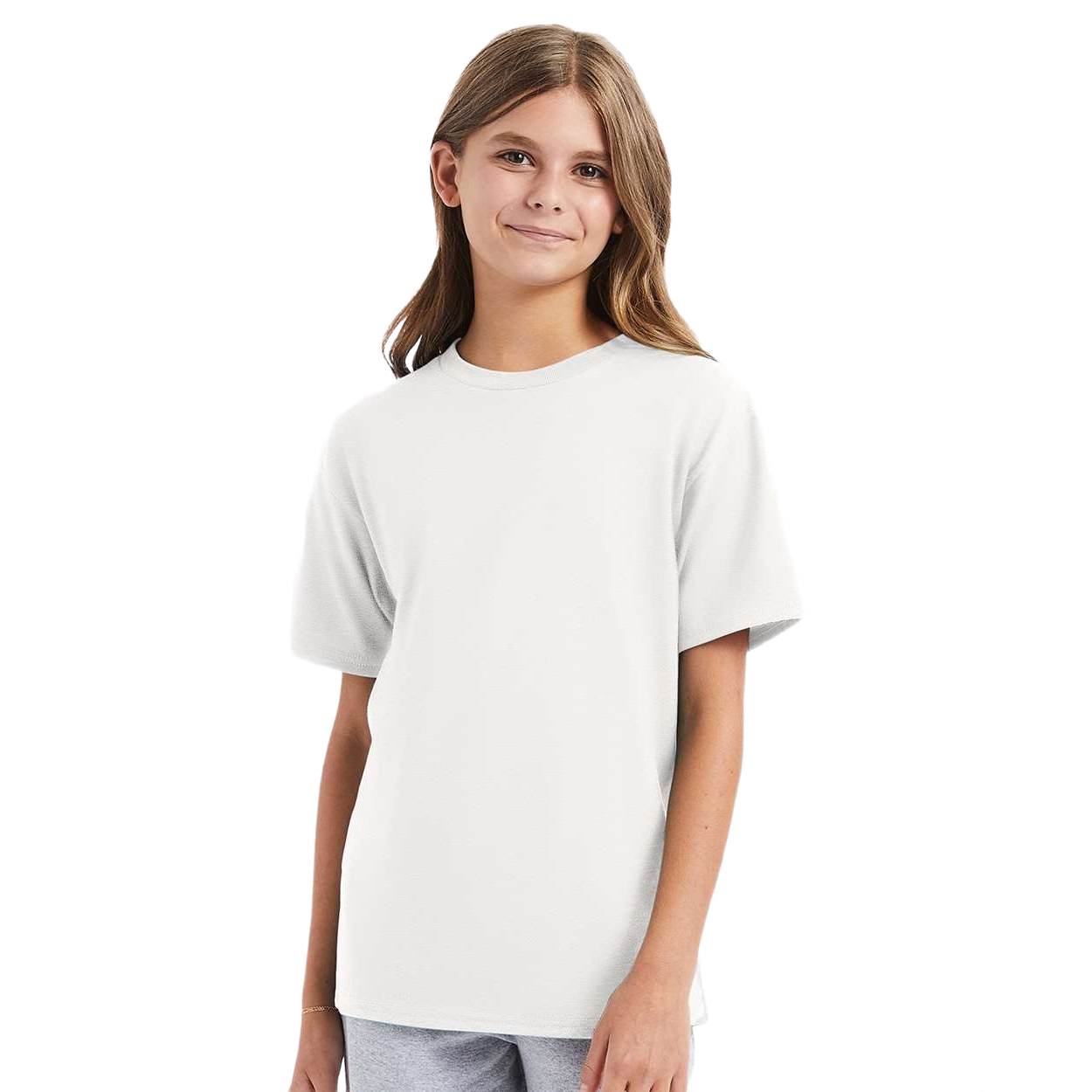 White youth t-shirt made from ring-spun cotton with a classic crewneck, short sleeves, and soft fabric construction for everyday wear and promotional events.