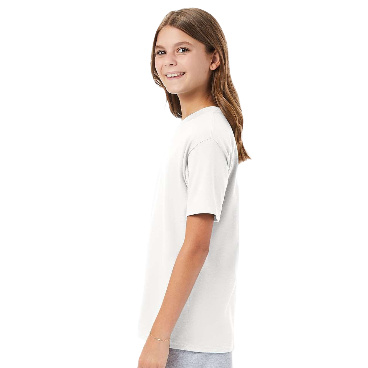 White youth t-shirt made from ring-spun cotton with a classic crewneck, short sleeves, and soft fabric construction for everyday wear and promotional events.