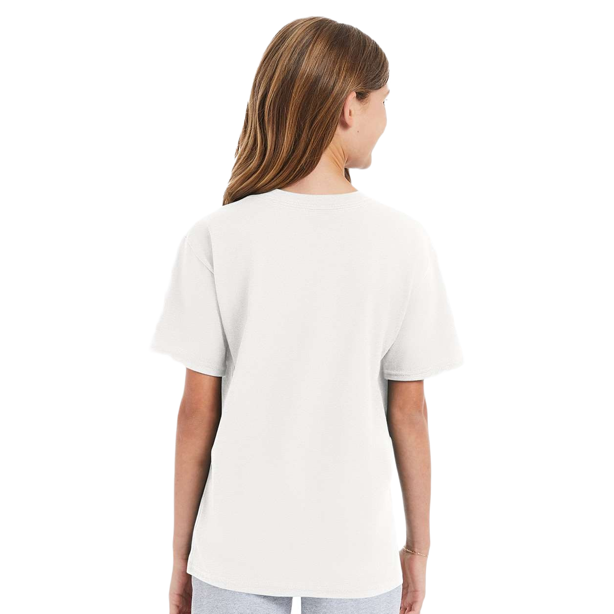 White youth t-shirt made from ring-spun cotton with a classic crewneck, short sleeves, and soft fabric construction for everyday wear and promotional events.