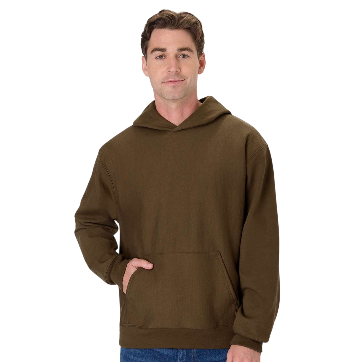Army Brown Hanes Unisex Beefy® Sweats OG700 Premium Heavyweight Hooded Sweatshirt, featuring a soft heavyweight cotton-blend fleece, pullover hood with adjustable drawstrings, kangaroo front pocket, and ribbed cuffs and hem for casual everyday wear and layering.