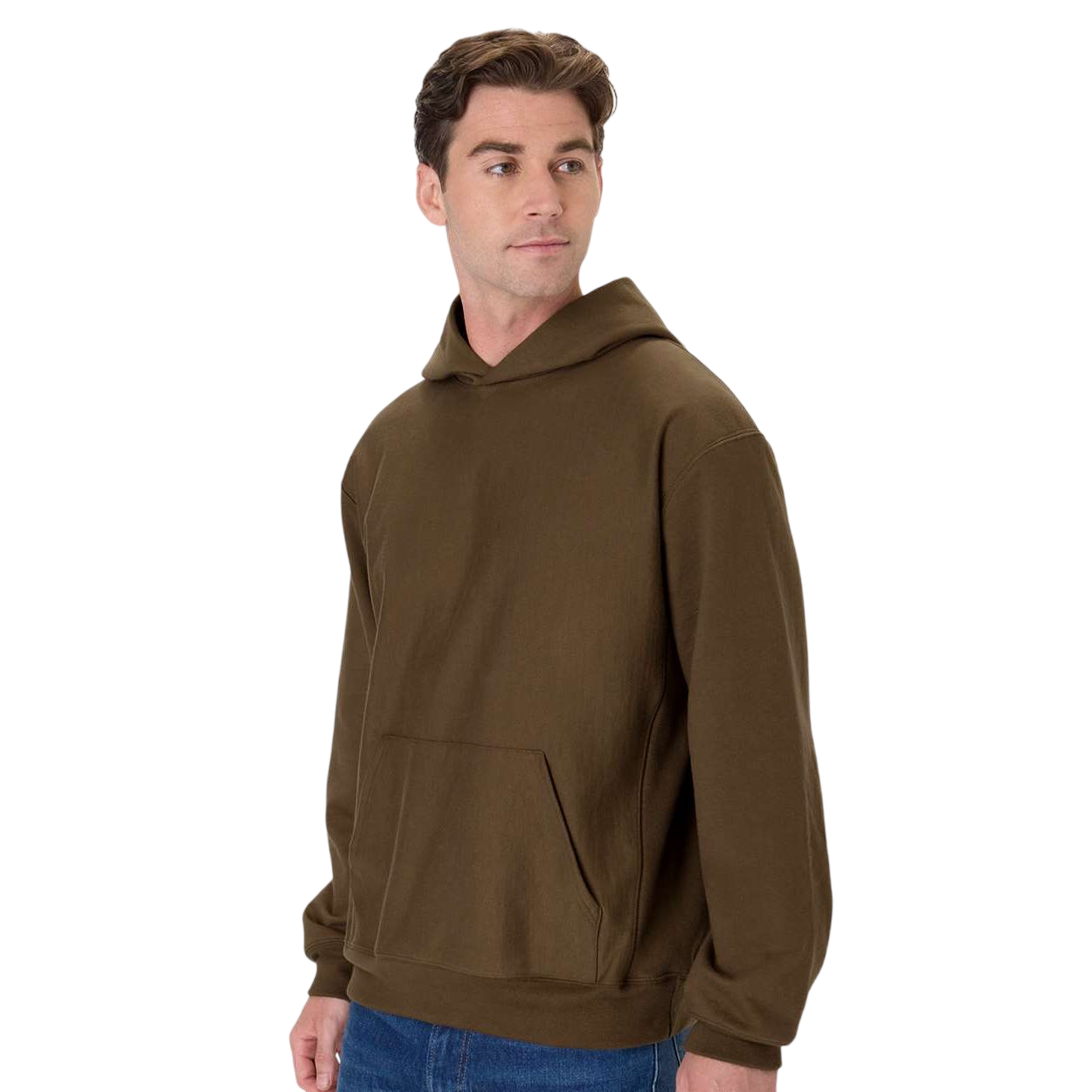 Army Brown Hanes Unisex Beefy® Sweats OG700 Premium Heavyweight Hooded Sweatshirt, featuring a soft heavyweight cotton-blend fleece, pullover hood with adjustable drawstrings, kangaroo front pocket, and ribbed cuffs and hem for casual everyday wear and layering.