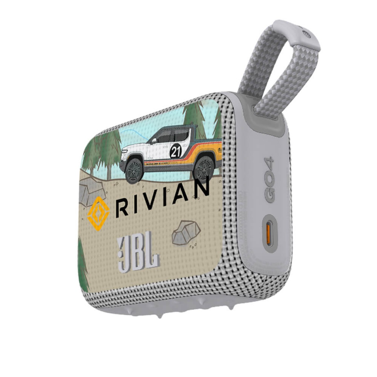 White portable Bluetooth speaker with integrated carrying loop, waterproof and dustproof design, and custom full-color logo imprint on the front.