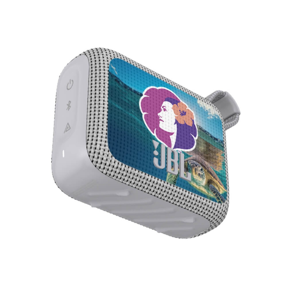 White portable Bluetooth speaker with integrated carrying loop, waterproof and dustproof design, and custom full-color logo imprint on the front.
