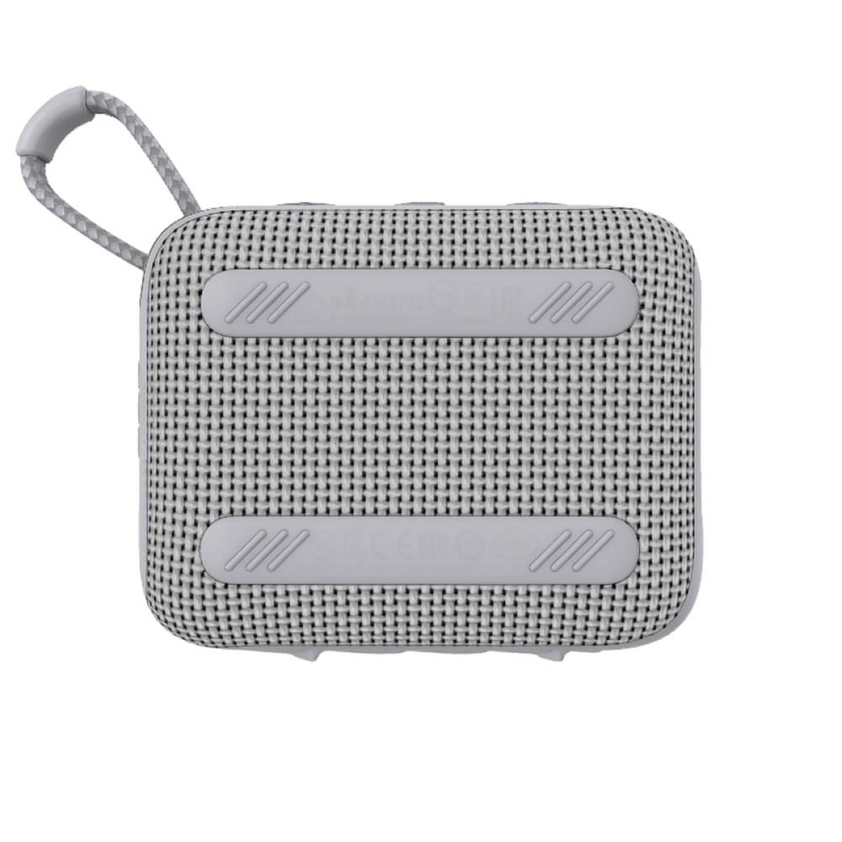 White portable Bluetooth speaker with integrated carrying loop, waterproof and dustproof design, and custom full-color logo imprint on the front.