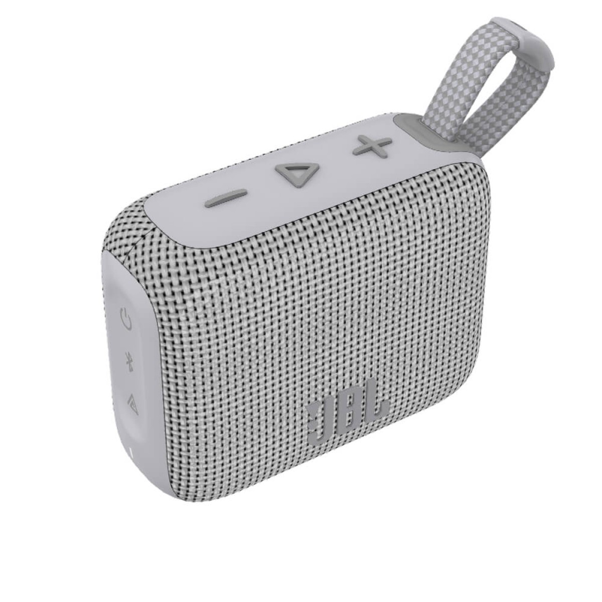 White portable Bluetooth speaker with integrated carrying loop, waterproof and dustproof design, and custom full-color logo imprint on the front.
