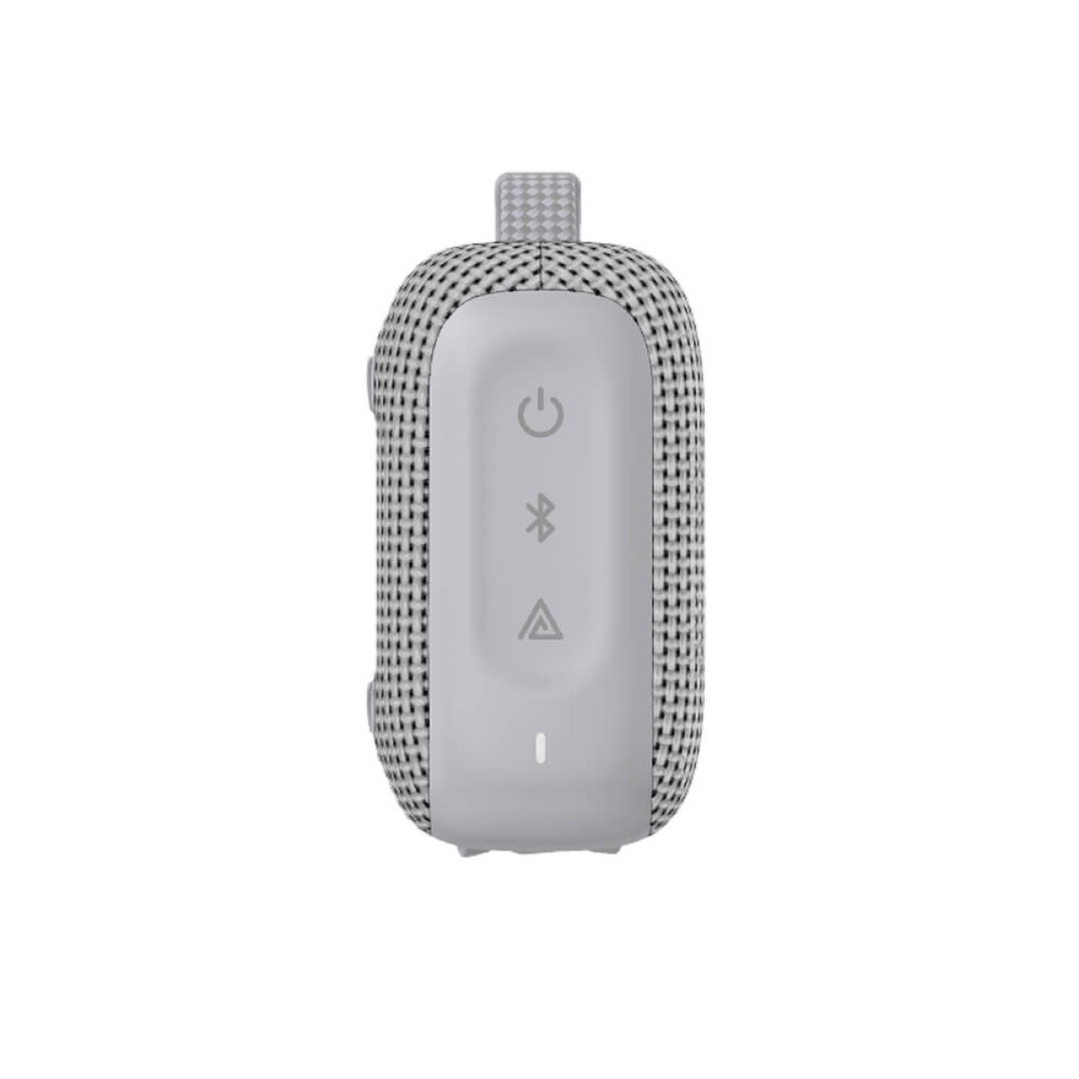 White portable Bluetooth speaker with integrated carrying loop, waterproof and dustproof design, and custom full-color logo imprint on the front.