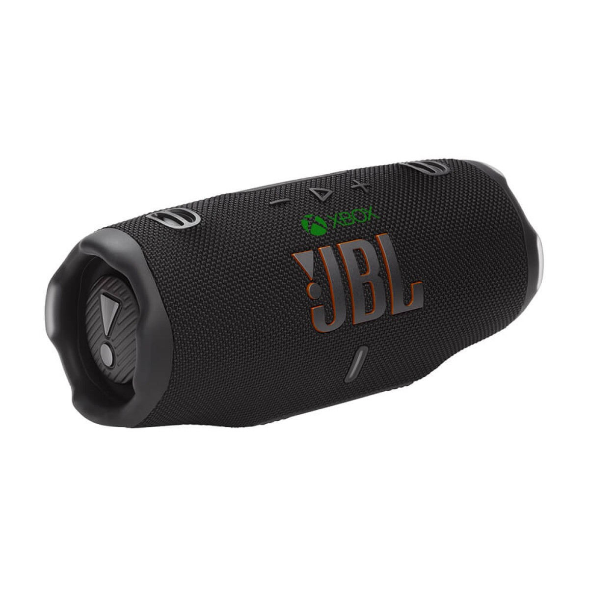 Black JBL Charge 6 Portable Waterproof Speaker with Powerbank, featuring a rugged cylindrical design with durable fabric mesh exterior, exposed passive bass radiators on both ends, integrated control buttons on top, and a compact portable build designed for waterproof wireless Bluetooth audio playback and mobile device charging on the go.
