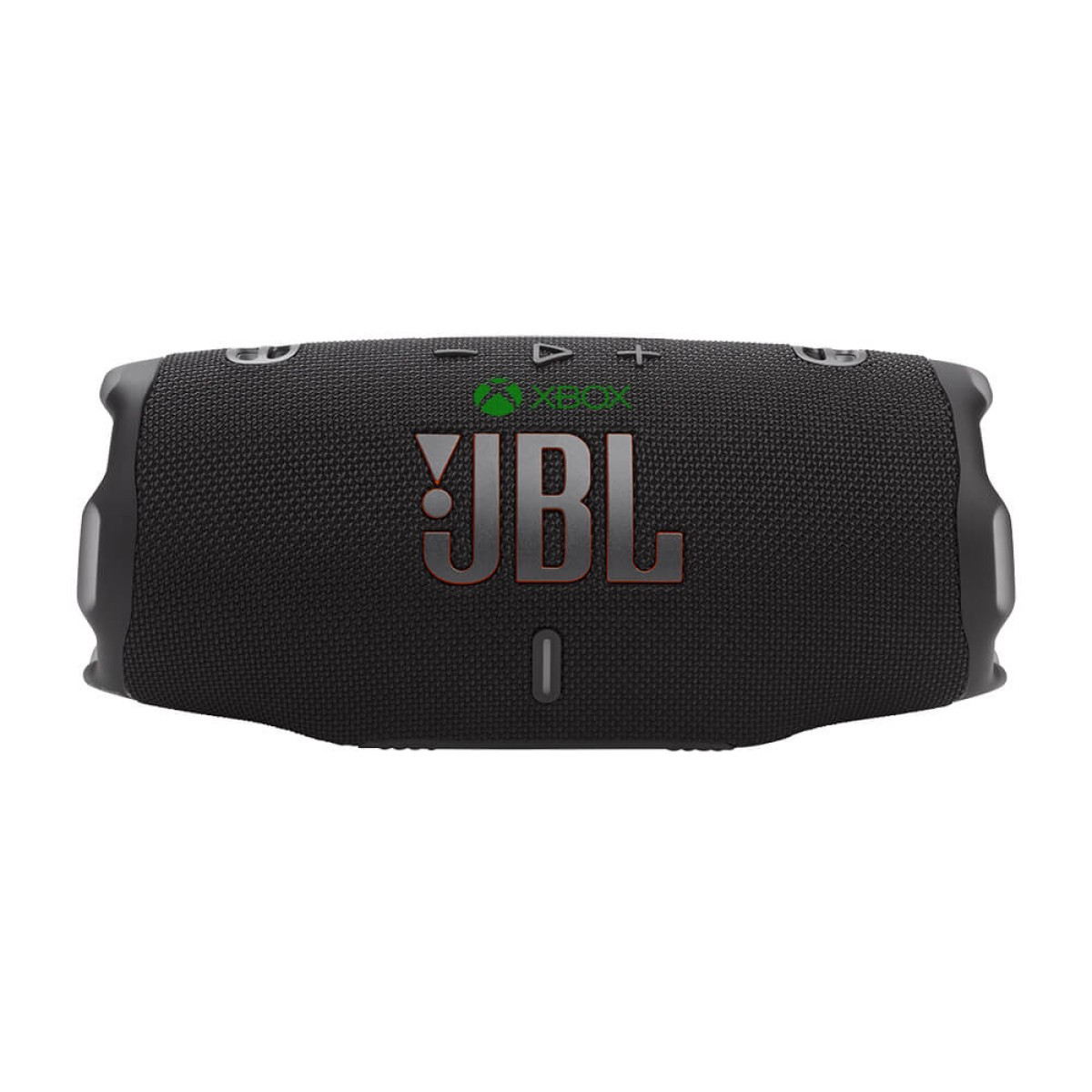 Black JBL Charge 6 Portable Waterproof Speaker with Powerbank, featuring a rugged cylindrical design with durable fabric mesh exterior, exposed passive bass radiators on both ends, integrated control buttons on top, and a compact portable build designed for waterproof wireless Bluetooth audio playback and mobile device charging on the go.