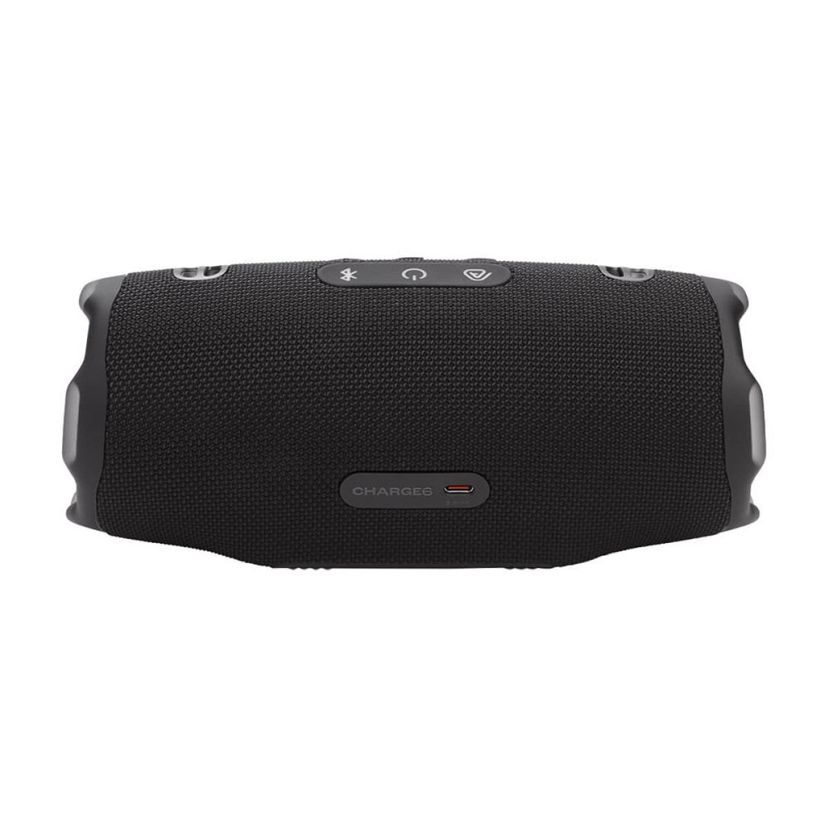 Black JBL Charge 6 Portable Waterproof Speaker with Powerbank, featuring a rugged cylindrical design with durable fabric mesh exterior, exposed passive bass radiators on both ends, integrated control buttons on top, and a compact portable build designed for waterproof wireless Bluetooth audio playback and mobile device charging on the go.