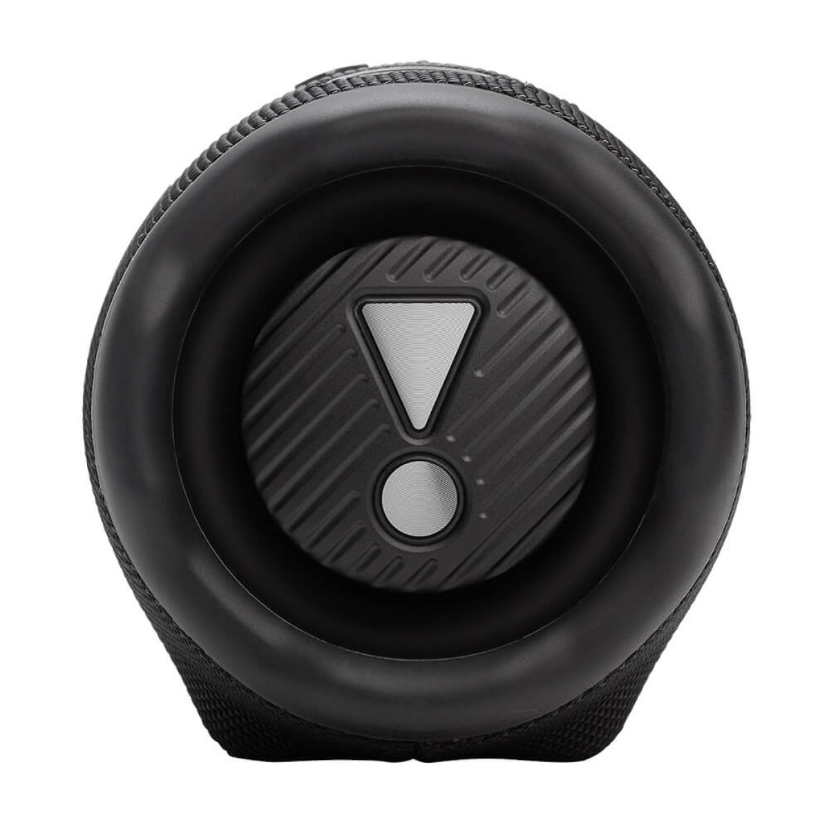 Black JBL Charge 6 Portable Waterproof Speaker with Powerbank, featuring a rugged cylindrical design with durable fabric mesh exterior, exposed passive bass radiators on both ends, integrated control buttons on top, and a compact portable build designed for waterproof wireless Bluetooth audio playback and mobile device charging on the go.