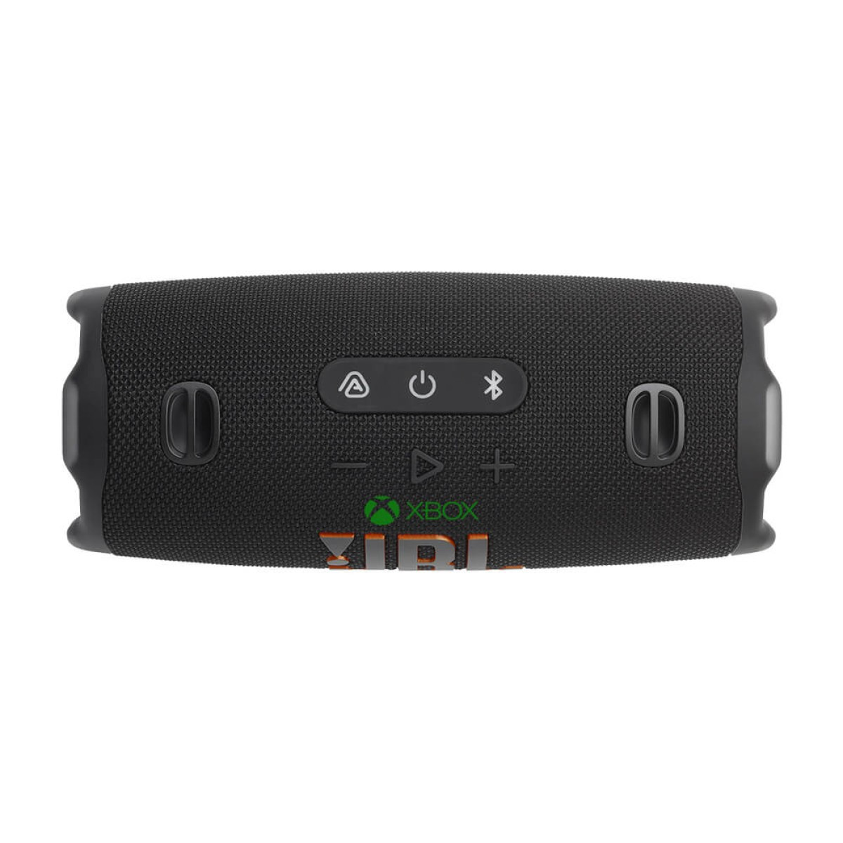 Black JBL Charge 6 Portable Waterproof Speaker with Powerbank, featuring a rugged cylindrical design with durable fabric mesh exterior, exposed passive bass radiators on both ends, integrated control buttons on top, and a compact portable build designed for waterproof wireless Bluetooth audio playback and mobile device charging on the go.