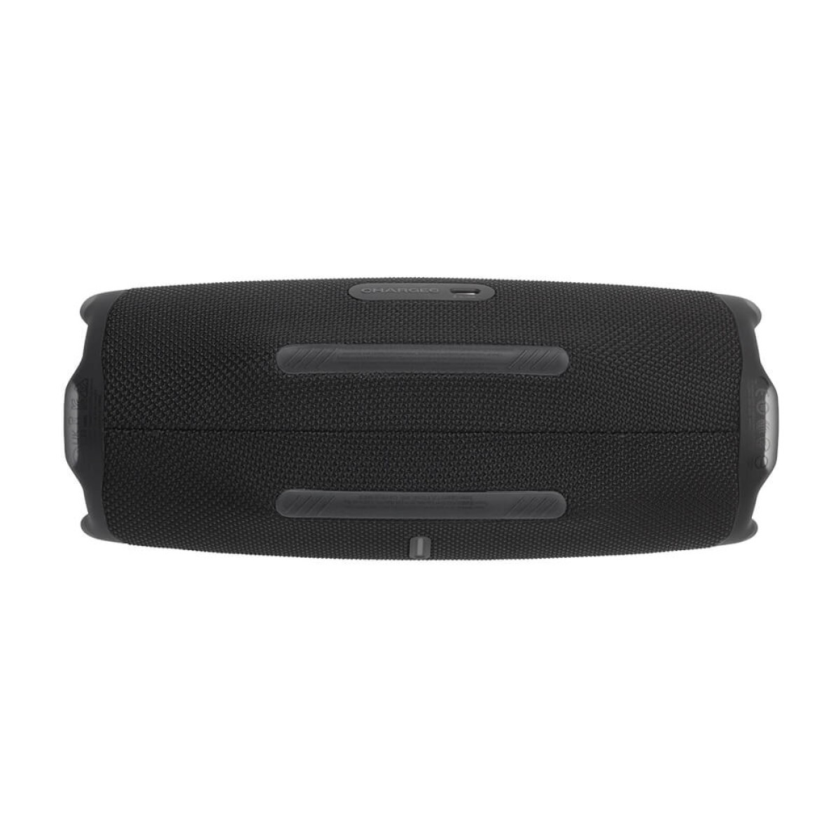 Black JBL Charge 6 Portable Waterproof Speaker with Powerbank, featuring a rugged cylindrical design with durable fabric mesh exterior, exposed passive bass radiators on both ends, integrated control buttons on top, and a compact portable build designed for waterproof wireless Bluetooth audio playback and mobile device charging on the go.