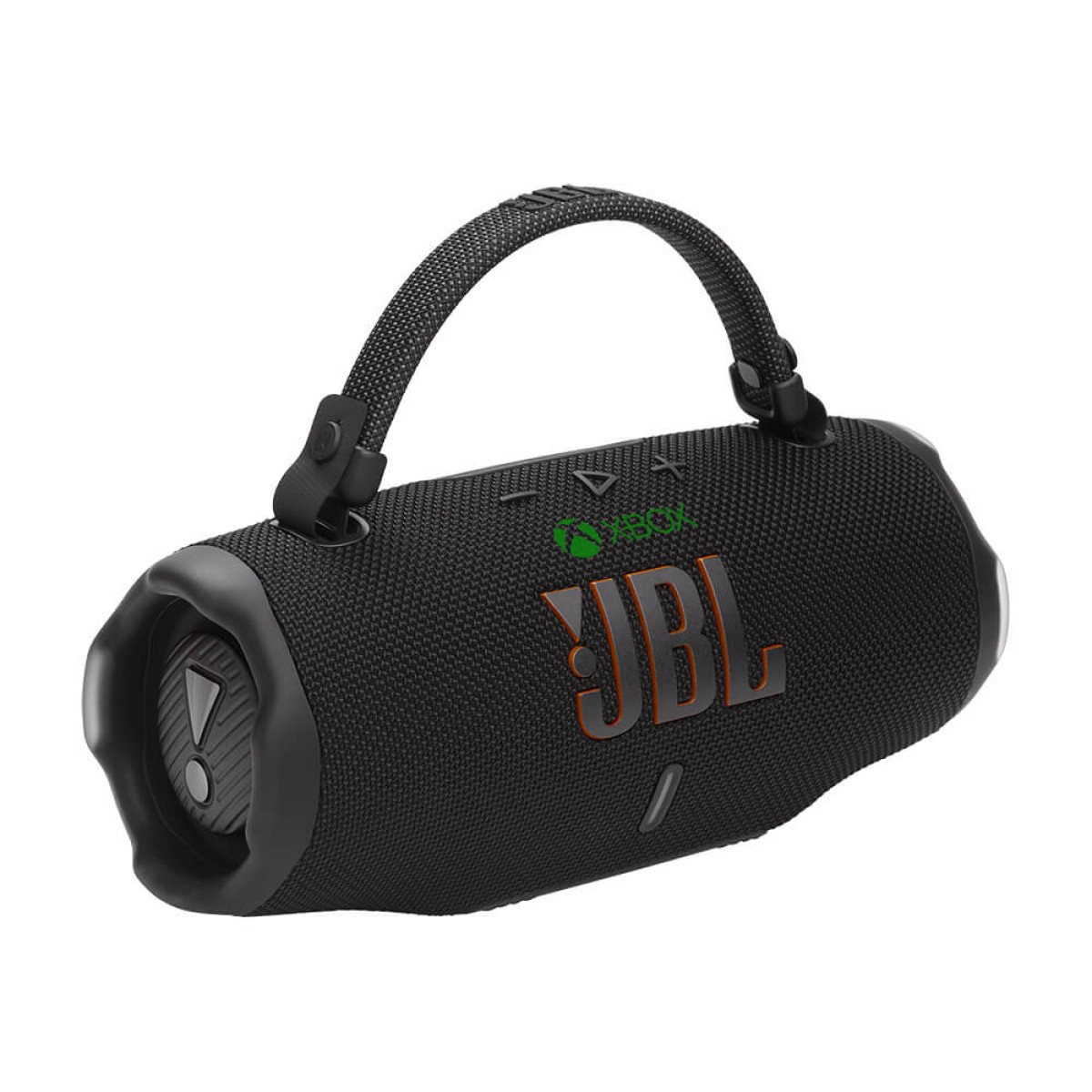 Black JBL Charge 6 Portable Waterproof Speaker with Powerbank, featuring a rugged cylindrical design with durable fabric mesh exterior, exposed passive bass radiators on both ends, integrated control buttons on top, and a compact portable build designed for waterproof wireless Bluetooth audio playback and mobile device charging on the go.