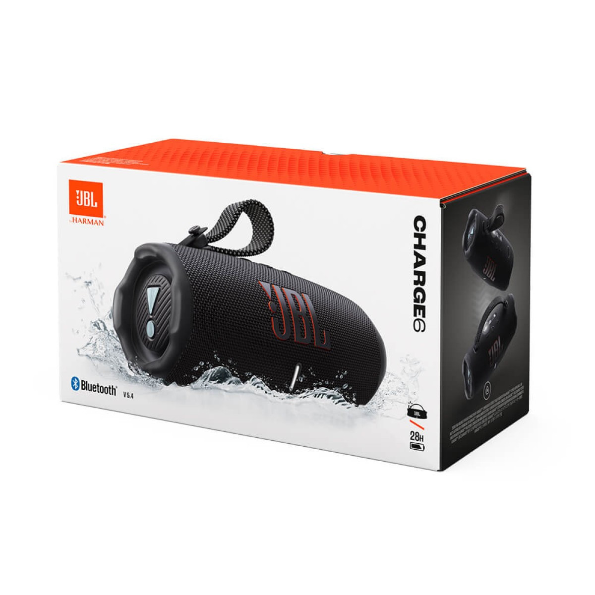 Box of JBL Charge 6 Portable Waterproof Speaker with Powerbank, featuring a rugged cylindrical design with durable fabric mesh exterior, exposed passive bass radiators on both ends, integrated control buttons on top, and a compact portable build designed for waterproof wireless Bluetooth audio playback and mobile device charging on the go.