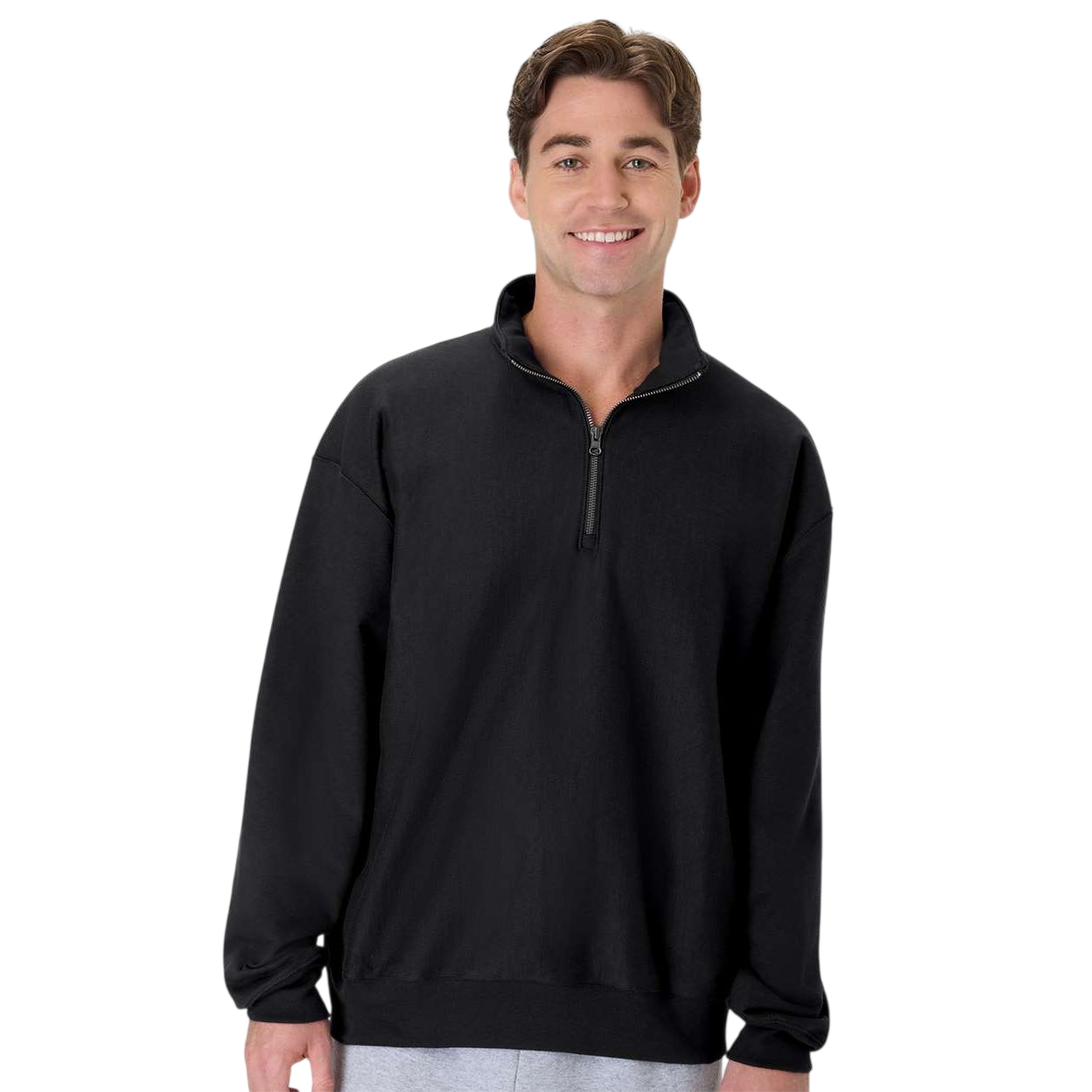 Black Hanes Men's Beefy® Sweats Premium Heavyweight Quarter-Zip Sweatshirt in black, featuring heavyweight cotton-blend fleece fabric, a quarter-zip mock neck collar, rib-knit cuffs and hem, and a classic relaxed fit for casual wear, layering, and cool-weather comfort.