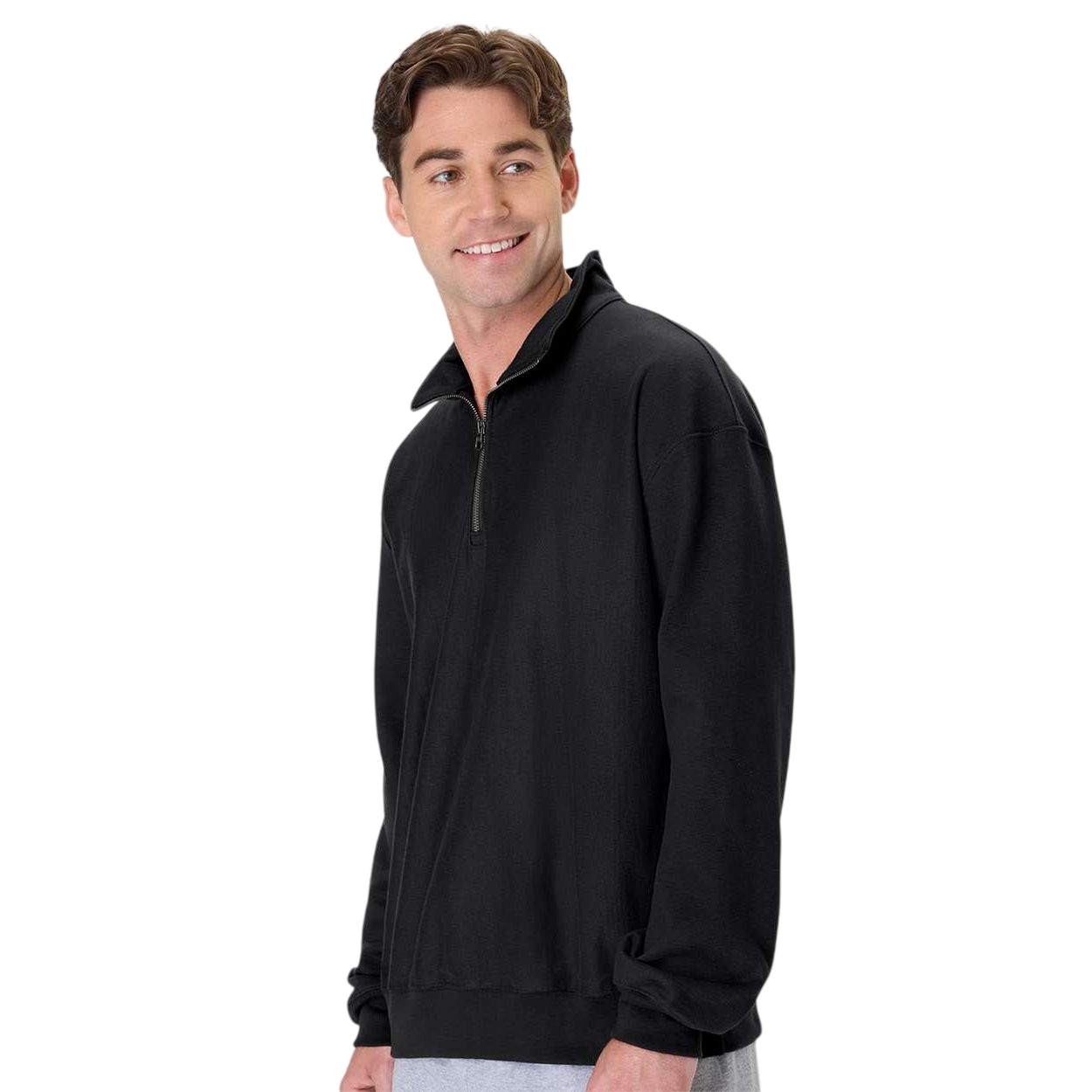 Black Hanes Men's Beefy® Sweats Premium Heavyweight Quarter-Zip Sweatshirt in black, featuring heavyweight cotton-blend fleece fabric, a quarter-zip mock neck collar, rib-knit cuffs and hem, and a classic relaxed fit for casual wear, layering, and cool-weather comfort.