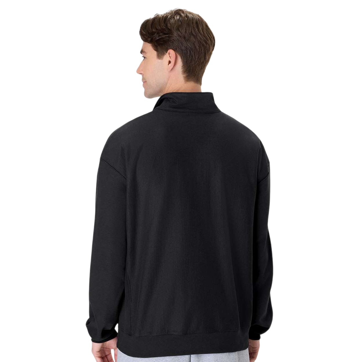 Black Hanes Men's Beefy® Sweats Premium Heavyweight Quarter-Zip Sweatshirt in black, featuring heavyweight cotton-blend fleece fabric, a quarter-zip mock neck collar, rib-knit cuffs and hem, and a classic relaxed fit for casual wear, layering, and cool-weather comfort.