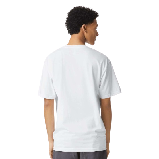 Sueded White unisex jersey t-shirt made from 100% combed ring-spun cotton with an ultra-soft sueded finish, ribbed crewneck collar, short sleeves, and relaxed fit.