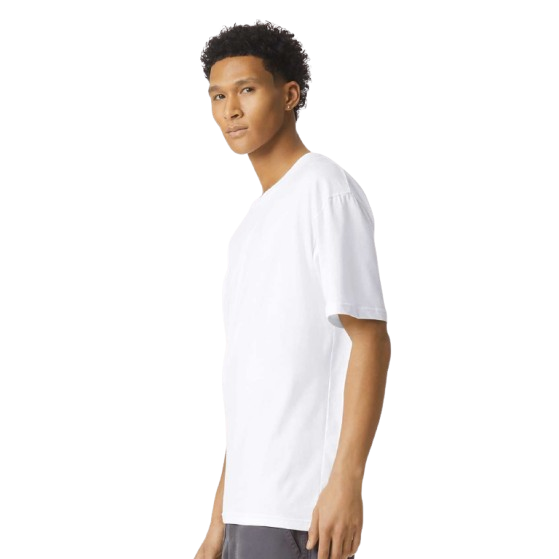 Sueded White unisex jersey t-shirt made from 100% combed ring-spun cotton with an ultra-soft sueded finish, ribbed crewneck collar, short sleeves, and relaxed fit.