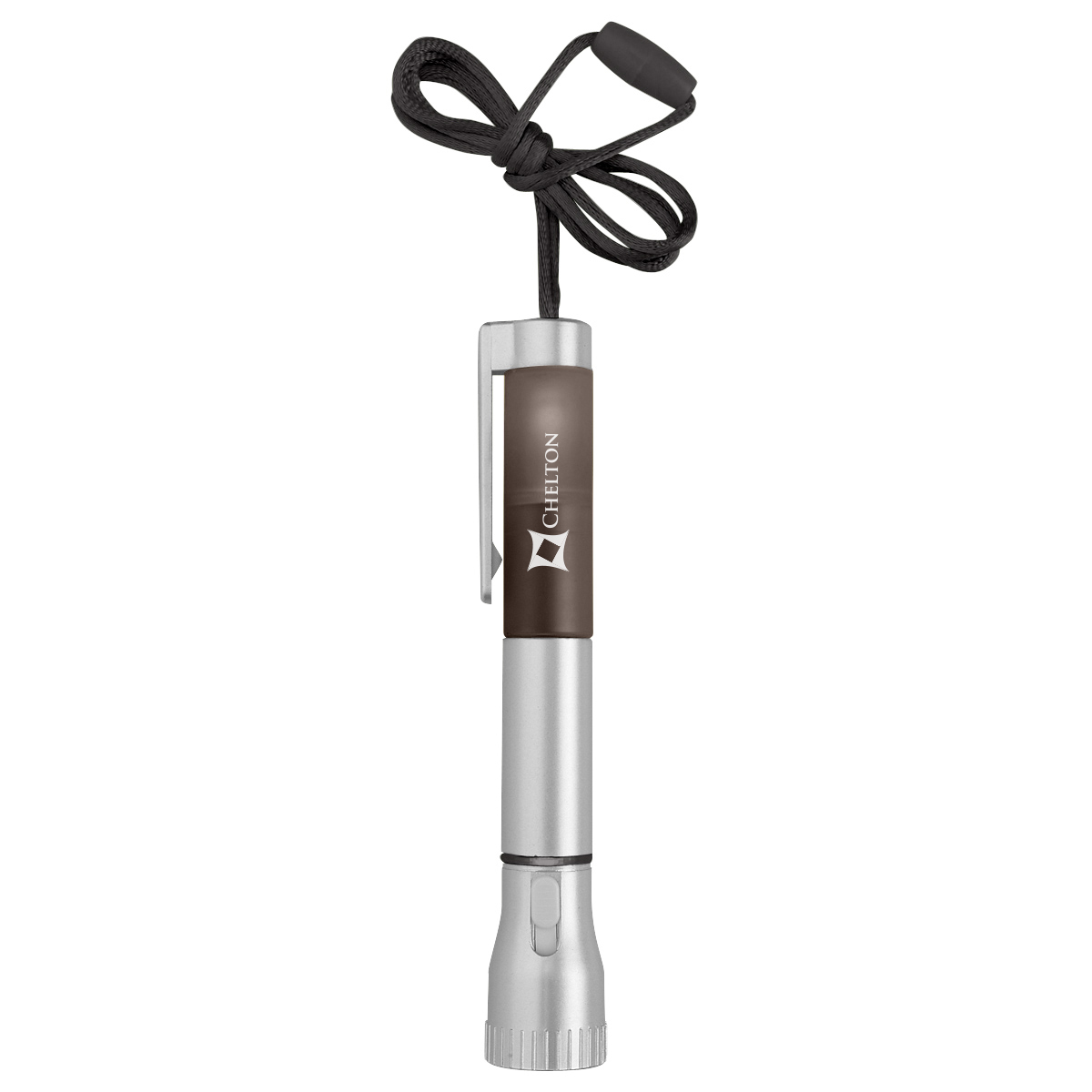 Silver flashlight pen with black trim and matching breakaway neck cord, featuring an extra-bright LED light and multifunction pen design.