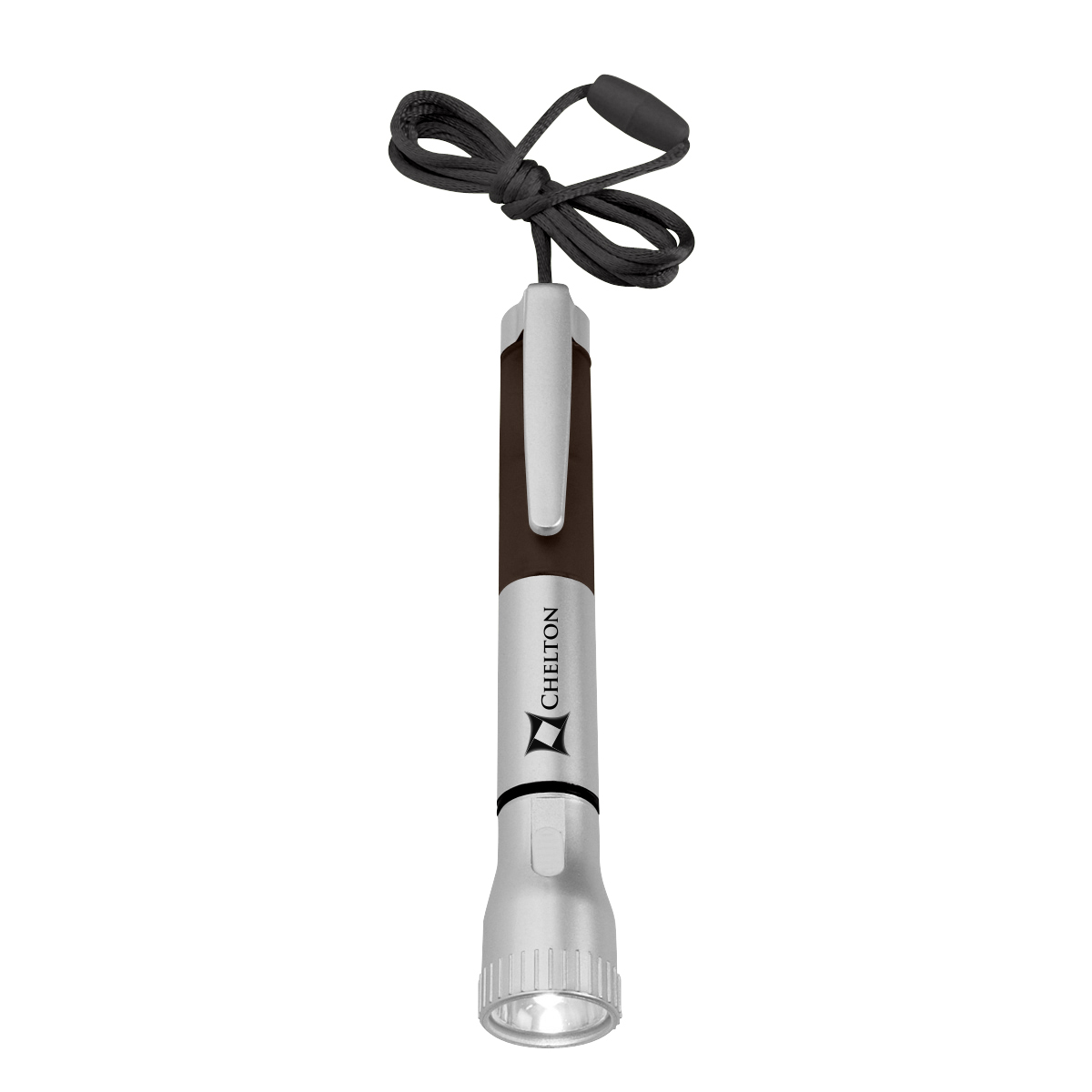 Silver flashlight pen with black trim and matching breakaway neck cord, featuring an extra-bright LED light and multifunction pen design.