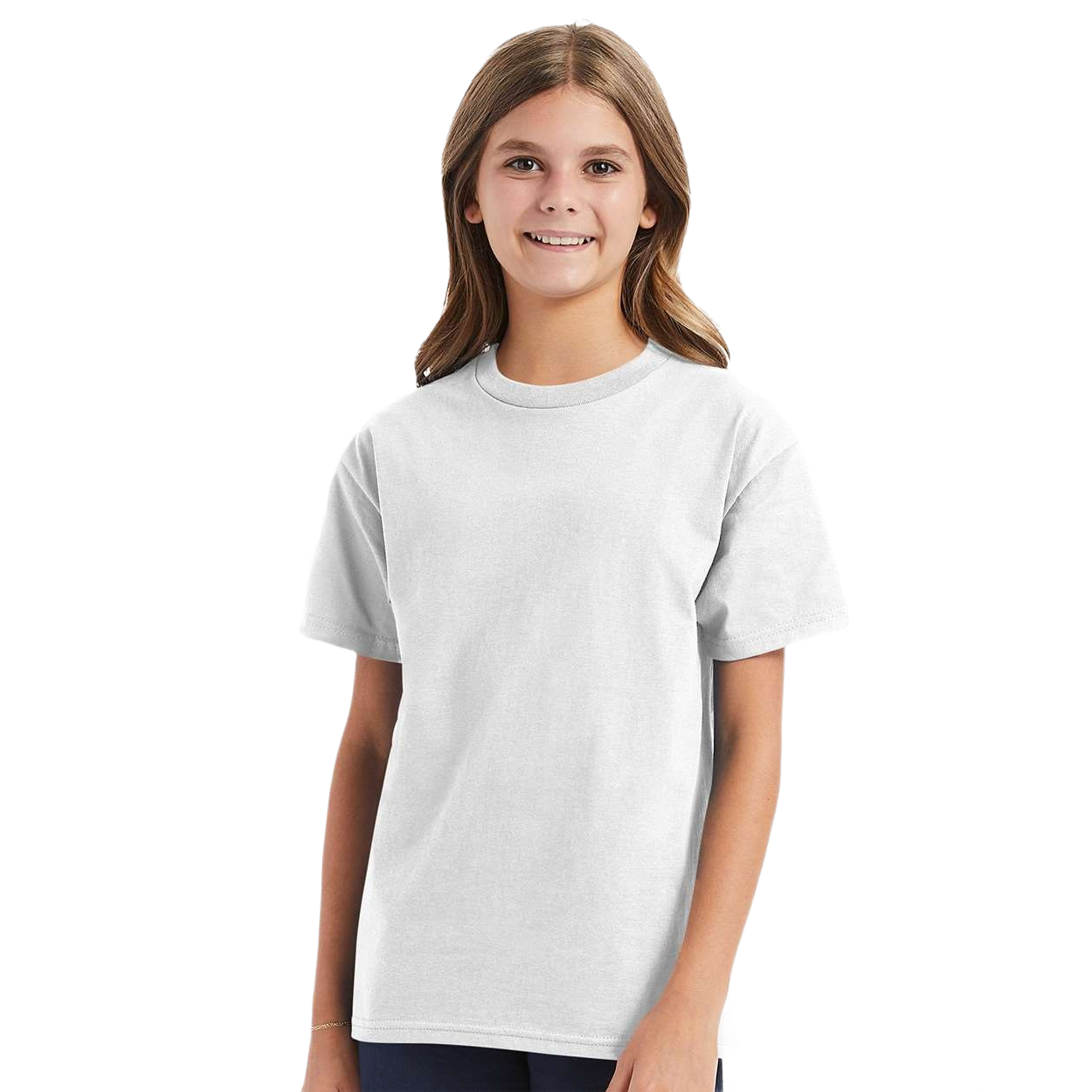 White youth cotton t-shirt with a classic fit, ribbed crewneck, short sleeves, and durable double-needle stitching for everyday wear.