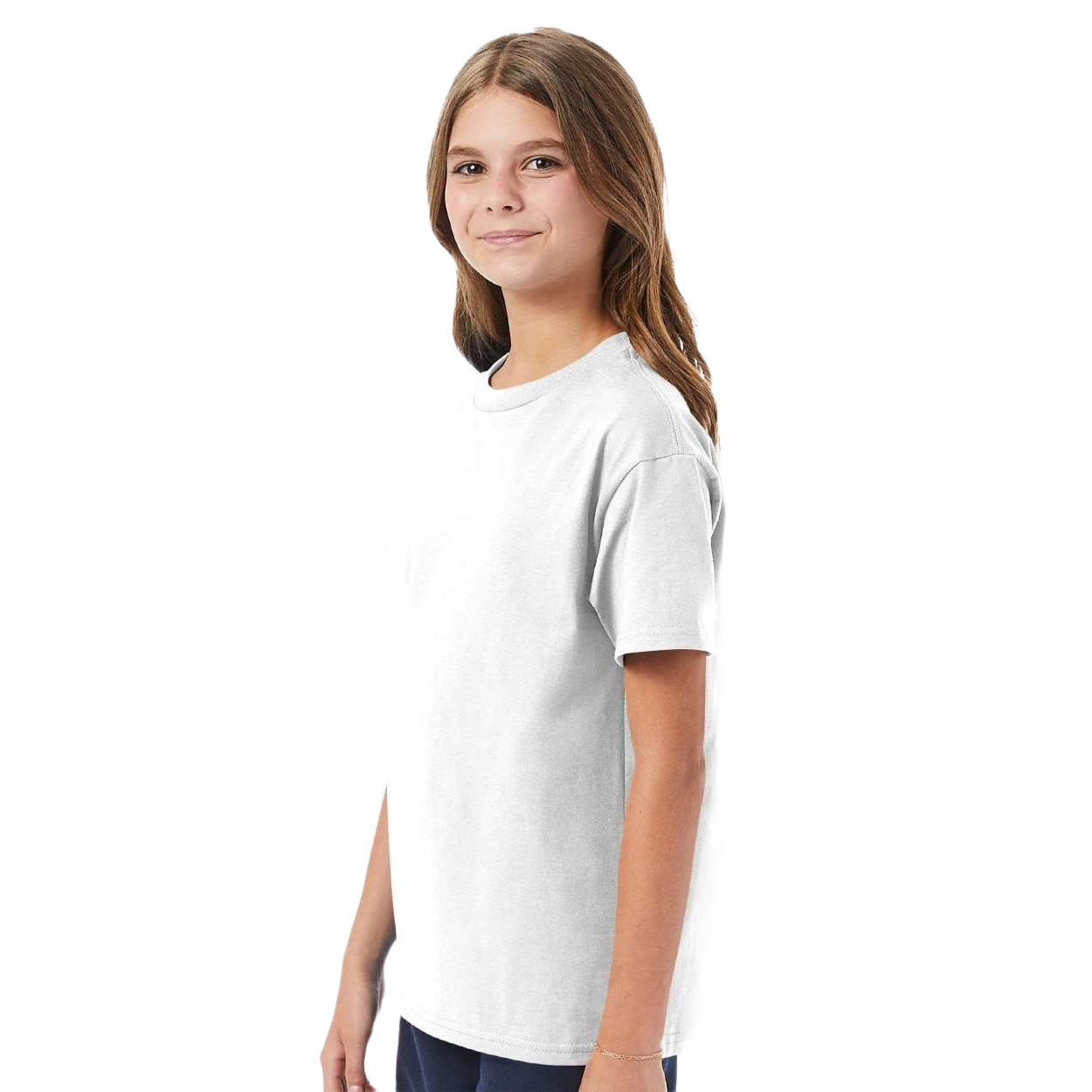 White youth cotton t-shirt with a classic fit, ribbed crewneck, short sleeves, and durable double-needle stitching for everyday wear.