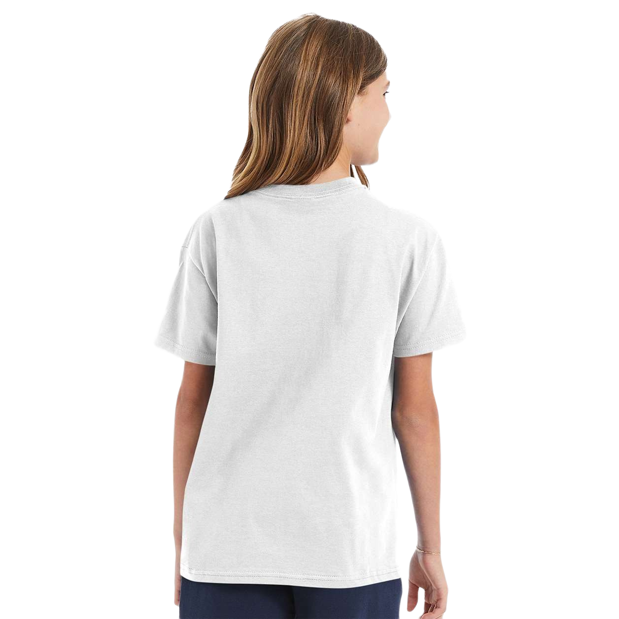 White youth cotton t-shirt with a classic fit, ribbed crewneck, short sleeves, and durable double-needle stitching for everyday wear.