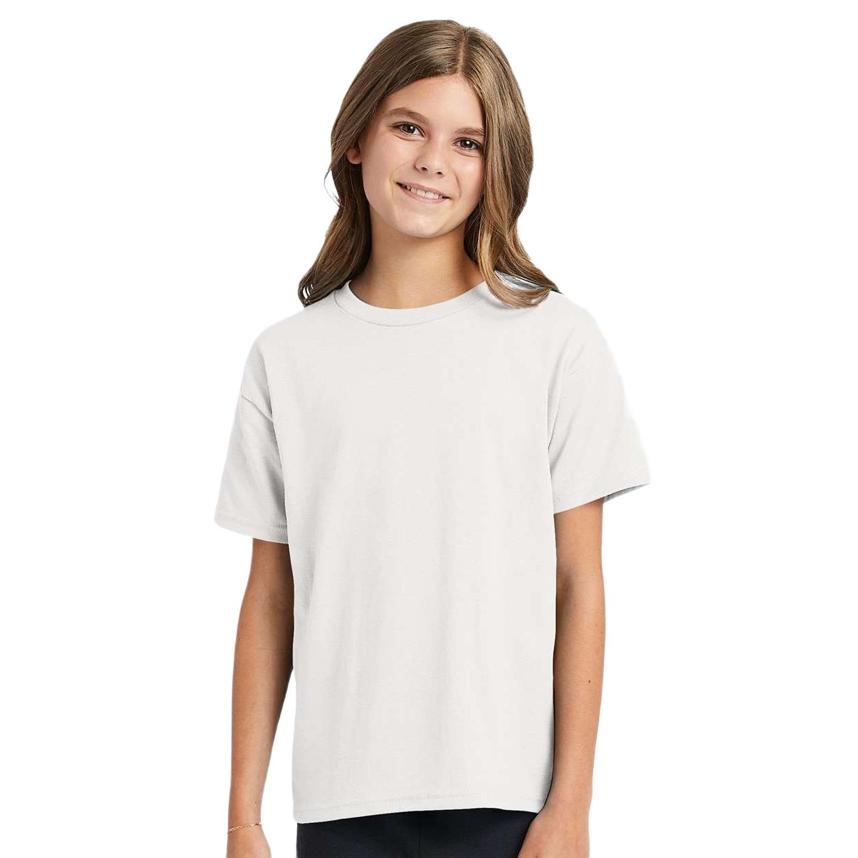 White youth EcoSmart cotton-polyester t-shirt with a classic fit, ribbed crewneck, short sleeves, and durable double-needle stitching for everyday wear.