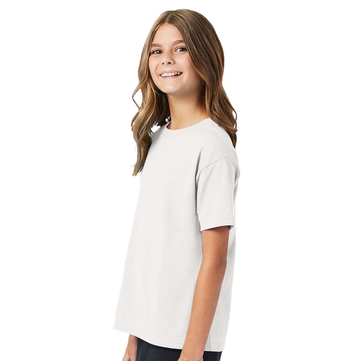 White youth EcoSmart cotton-polyester t-shirt with a classic fit, ribbed crewneck, short sleeves, and durable double-needle stitching for everyday wear.