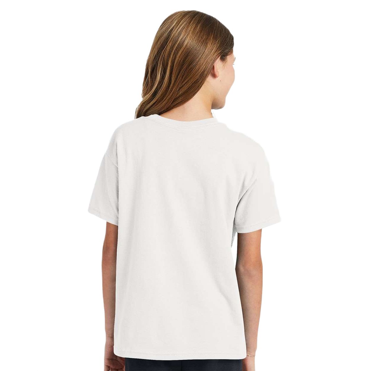 White youth EcoSmart cotton-polyester t-shirt with a classic fit, ribbed crewneck, short sleeves, and durable double-needle stitching for everyday wear.