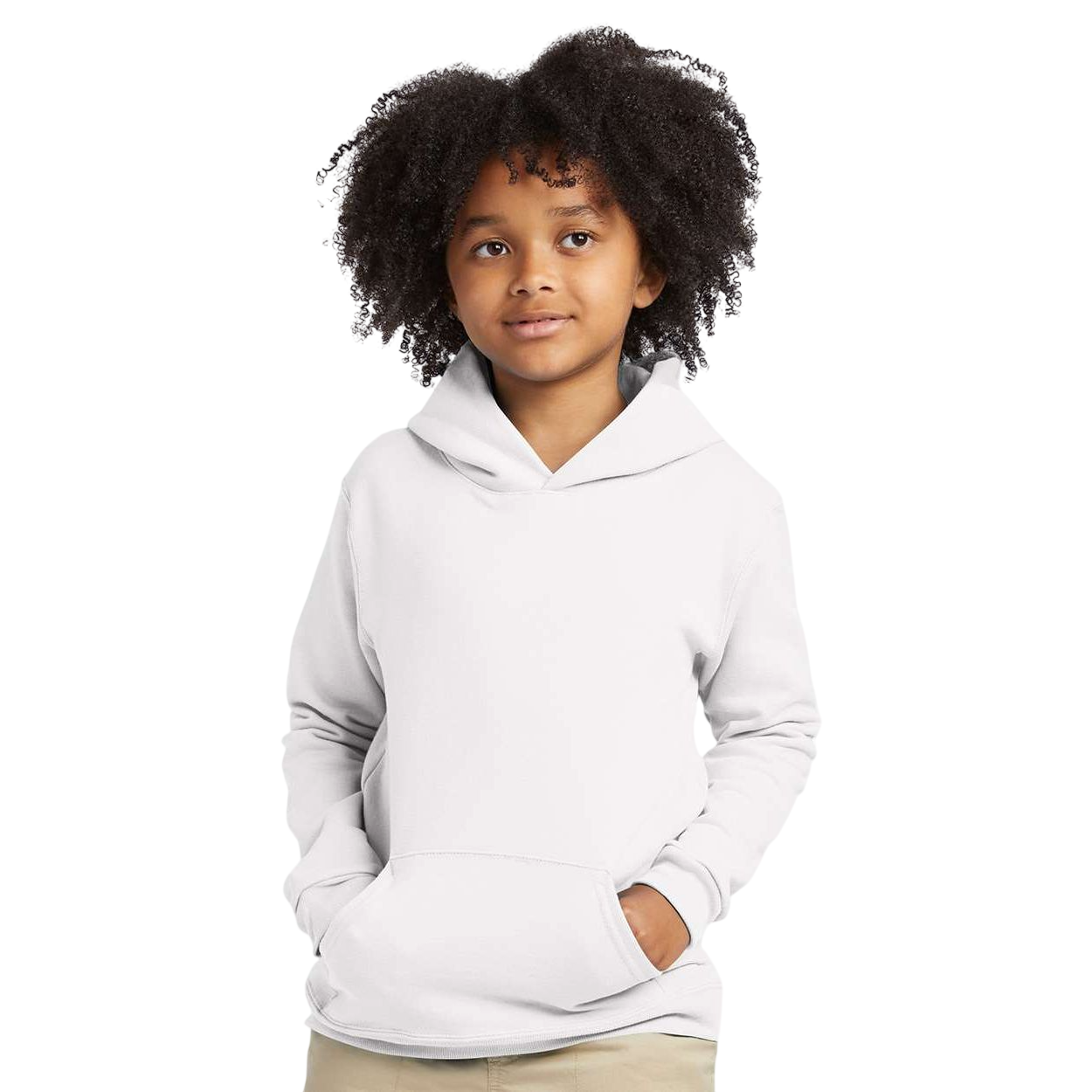 White Hanes Youth EcoSmart® Hooded Sweatshirt, featuring soft fleece fabric, a pullover design with an attached hood, front pouch pocket, and rib-knit cuffs and waistband for everyday comfort, school wear, and casual layering.