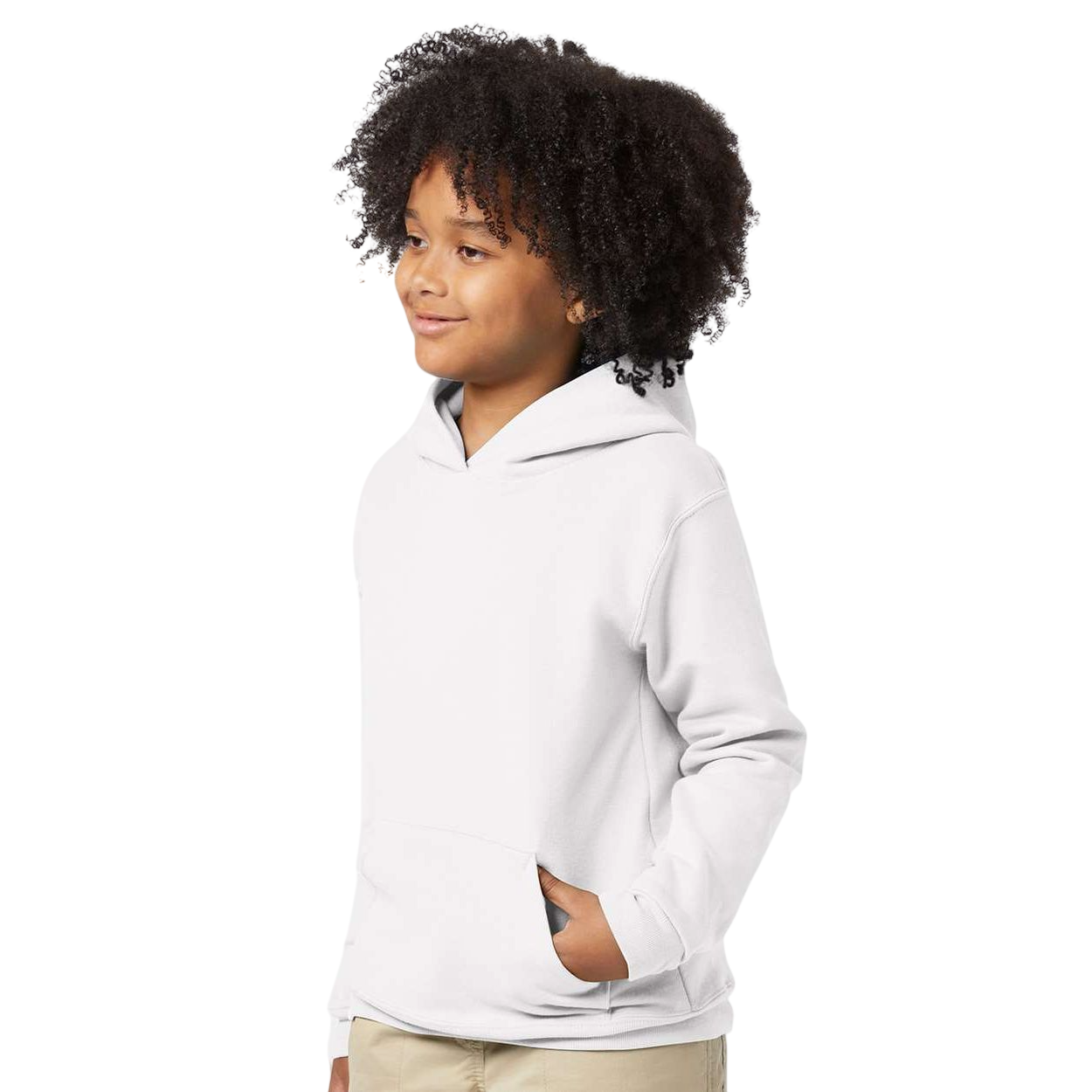 White Hanes Youth EcoSmart® Hooded Sweatshirt, featuring soft fleece fabric, a pullover design with an attached hood, front pouch pocket, and rib-knit cuffs and waistband for everyday comfort, school wear, and casual layering.