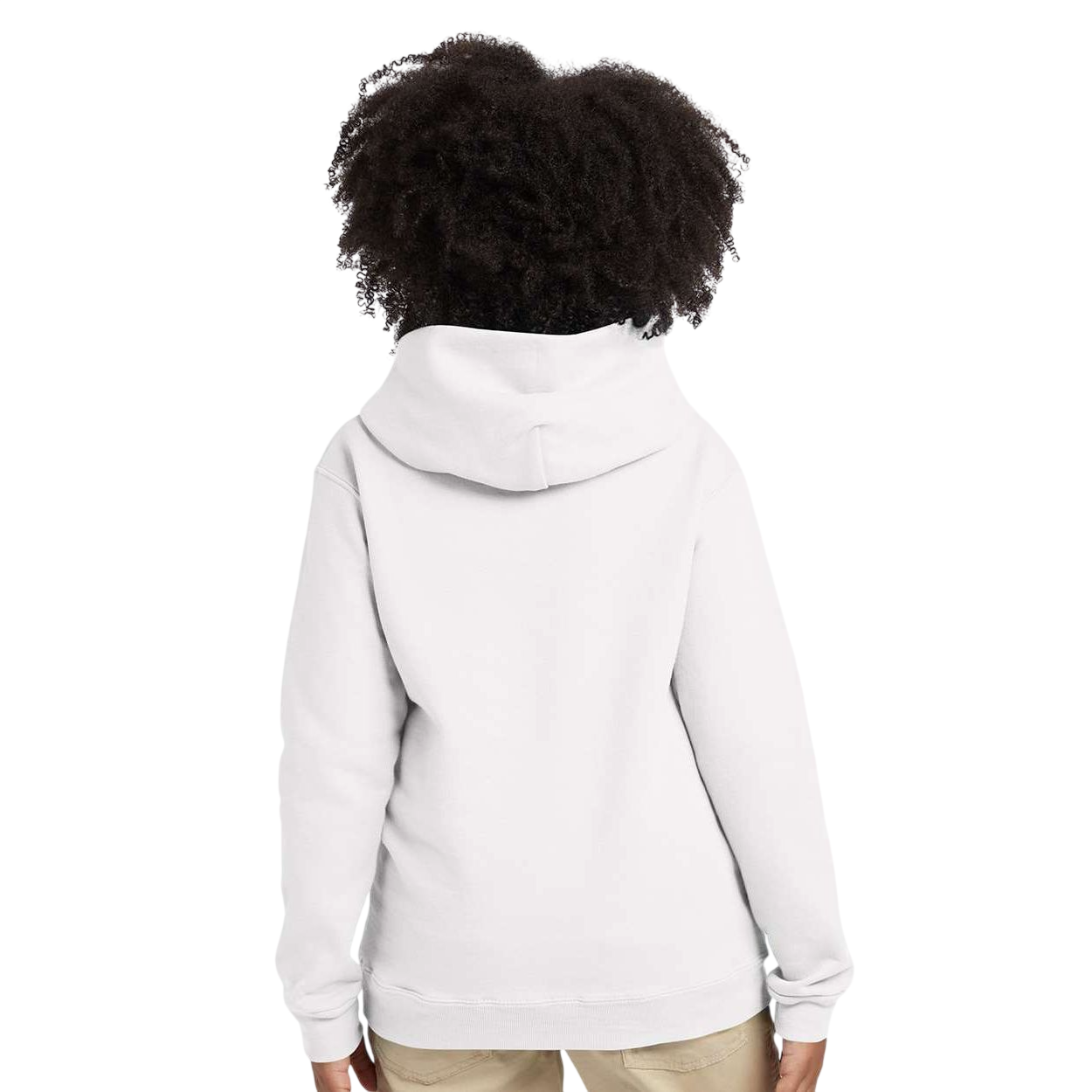 White Hanes Youth EcoSmart® Hooded Sweatshirt, featuring soft fleece fabric, a pullover design with an attached hood, front pouch pocket, and rib-knit cuffs and waistband for everyday comfort, school wear, and casual layering.