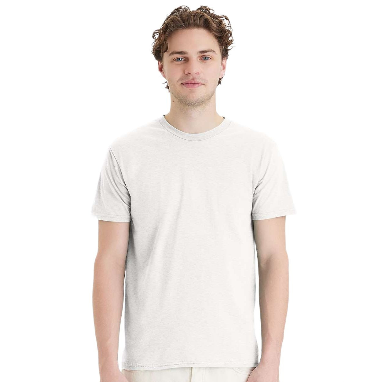 White short-sleeve promotional t-shirt made from ring-spun cotton with a modern fit, ribbed collar, and soft comfortable feel.
