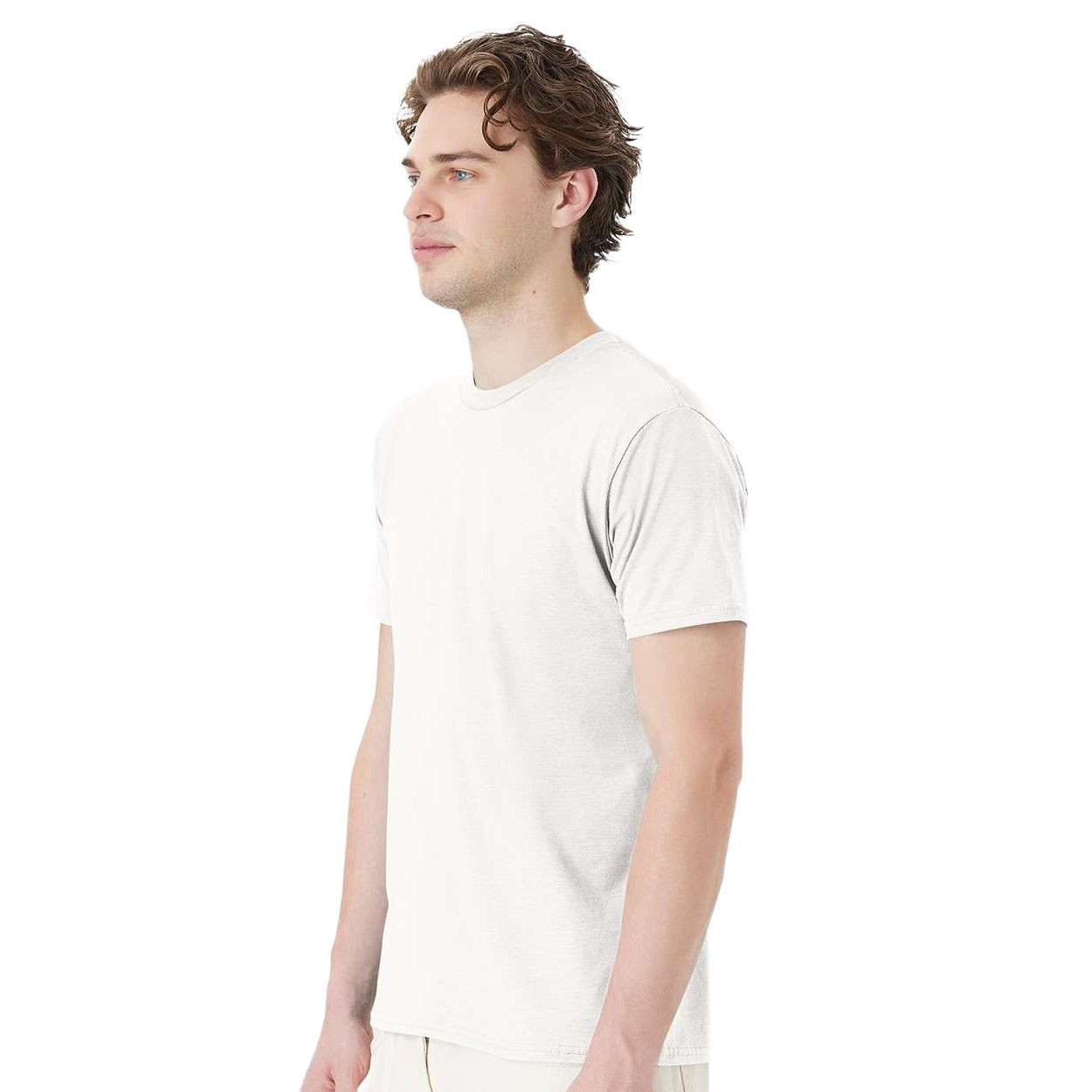 White short-sleeve promotional t-shirt made from ring-spun cotton with a modern fit, ribbed collar, and soft comfortable feel.