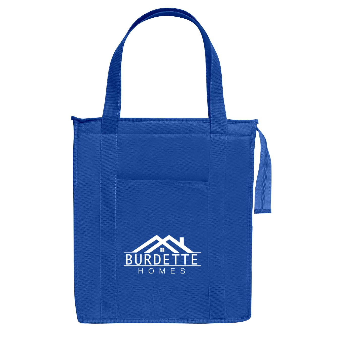 Royal Blue Insulated Zippered Tote Bag – 13" × 15" featuring durable non-woven water-resistant polypropylene with foil-lined PE foam insulation, a zippered main compartment, front slip pocket, reinforced 23-inch handles, and a reusable design for groceries, lunches, picnics, and food transport.