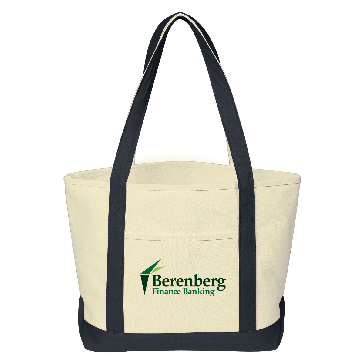 Natural recycled cotton canvas tote bag with black trim and handles, front pocket, heavyweight construction, and eco-friendly reusable design.
