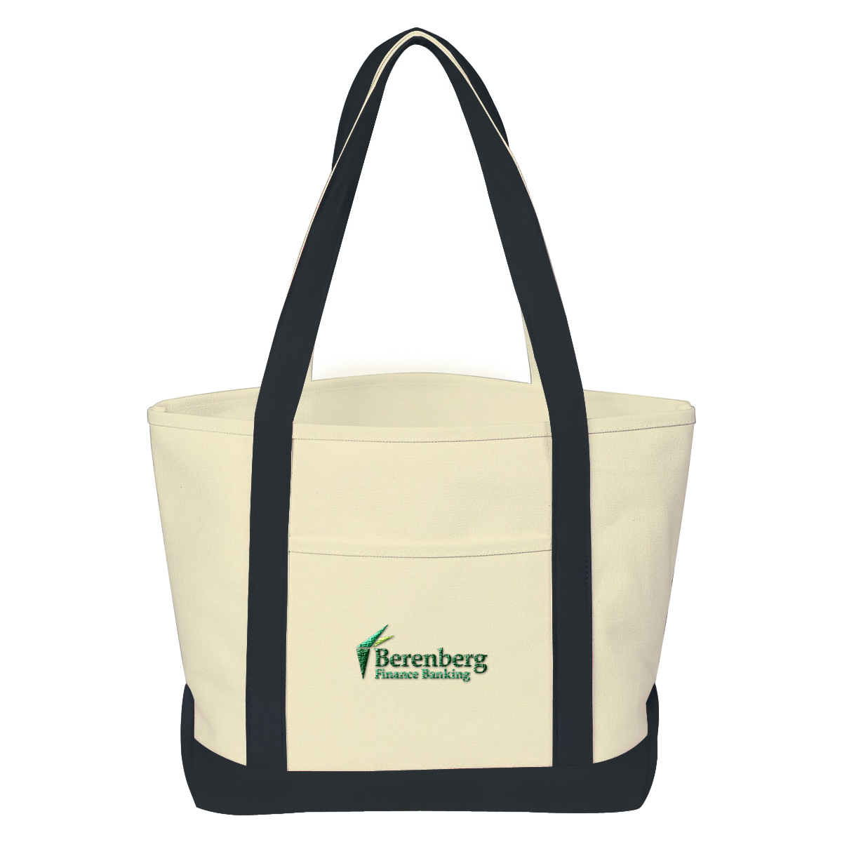 Natural recycled cotton canvas tote bag with black trim and handles, front pocket, heavyweight construction, and eco-friendly reusable design.